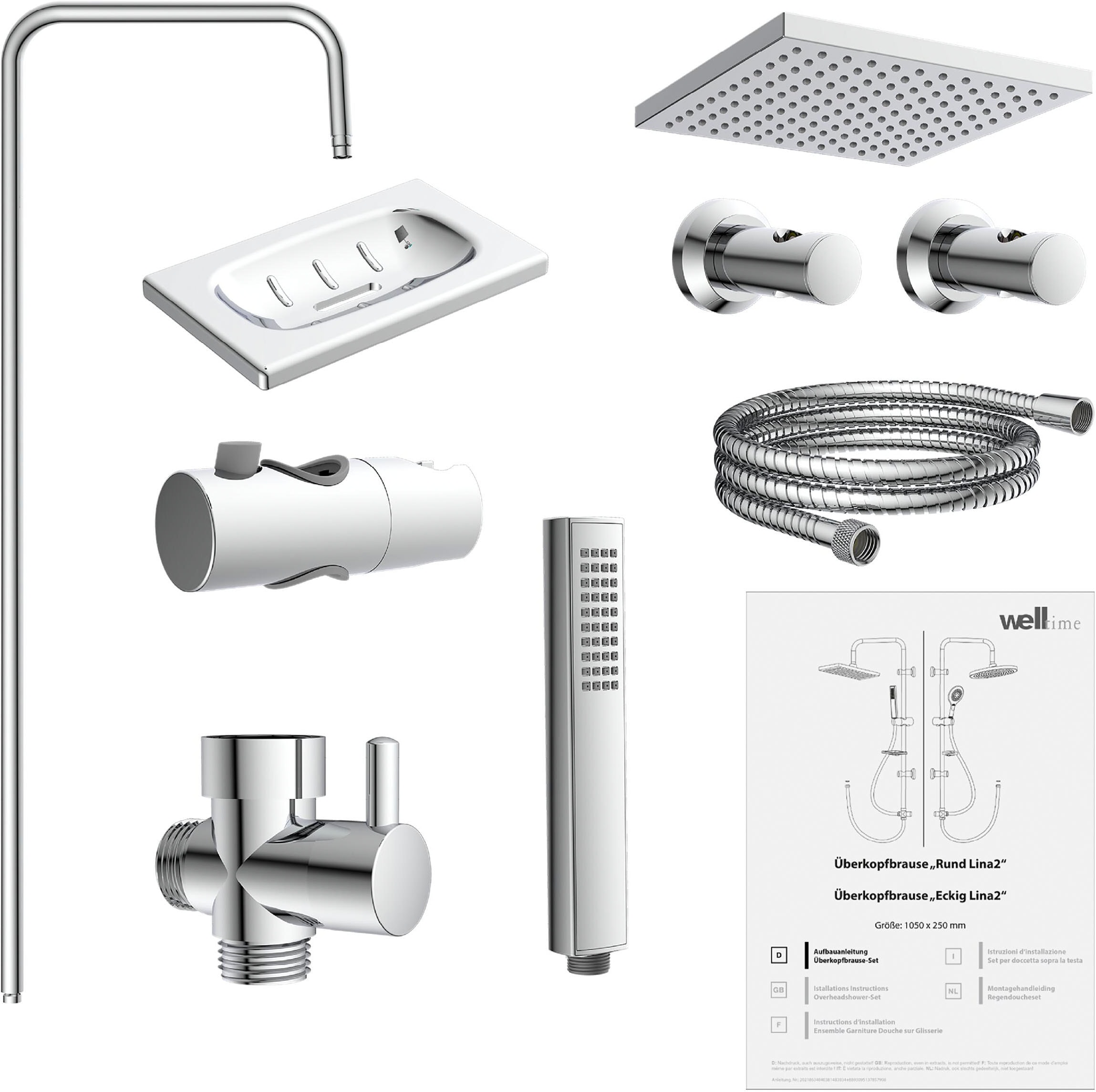 welltime Set de douche à barres »LINA« Überkopfbrause mit Seifenablage, 20 cm Kantenlänge.