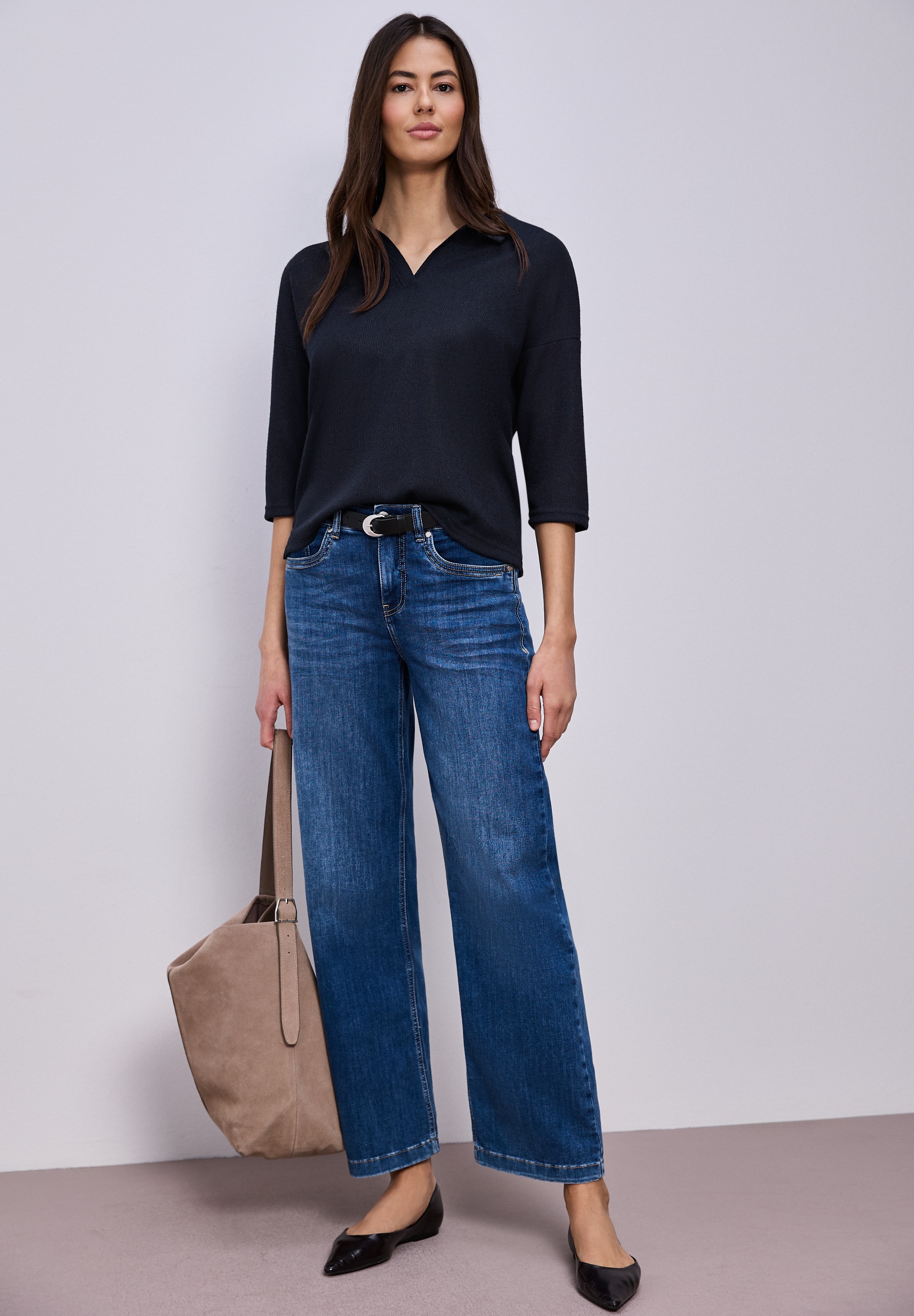 STREET ONE T-shirt à manches 3/4 mit Polokragen und V-Ausschnitt