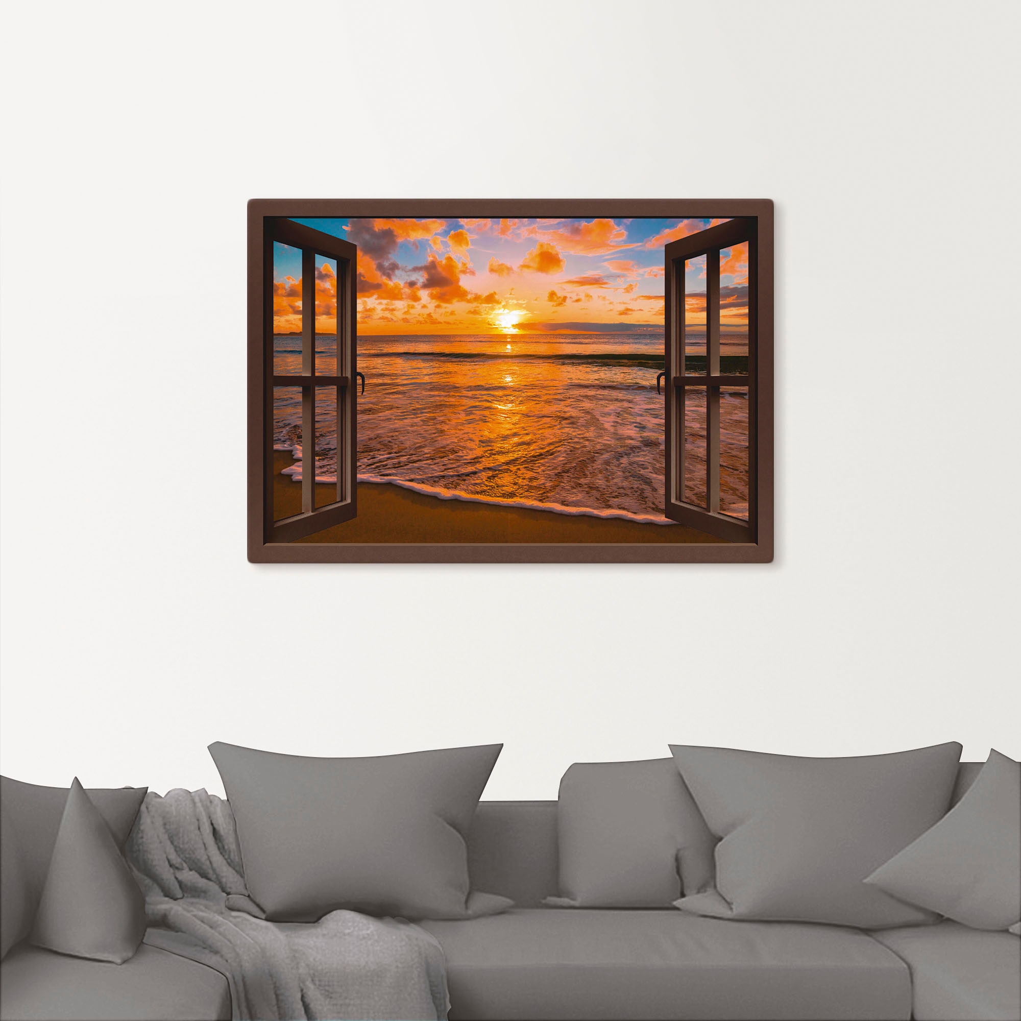 Artland Wandbild »Fensterblick Sonnenuntergang am Strand«, Sonnenaufgang & -untergang, (1 St.), als Leinwandbild, Poster, Wandaufkleber in verschied. Grössen
