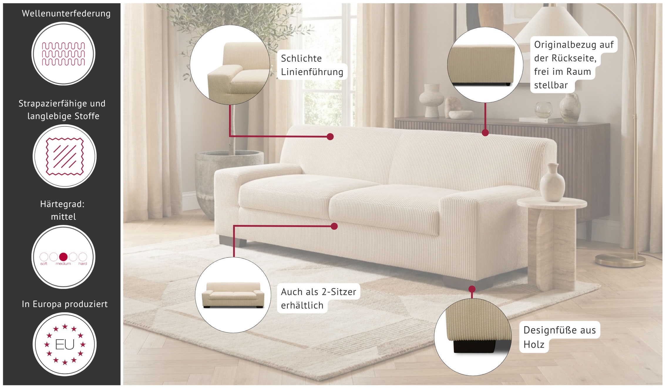 GOODproduct 3-Sitzer »Faxxe 212 x 85 cm, auch mit Schlaffunktion« aus pflegeleichtem, weichem Bezugsstoff
