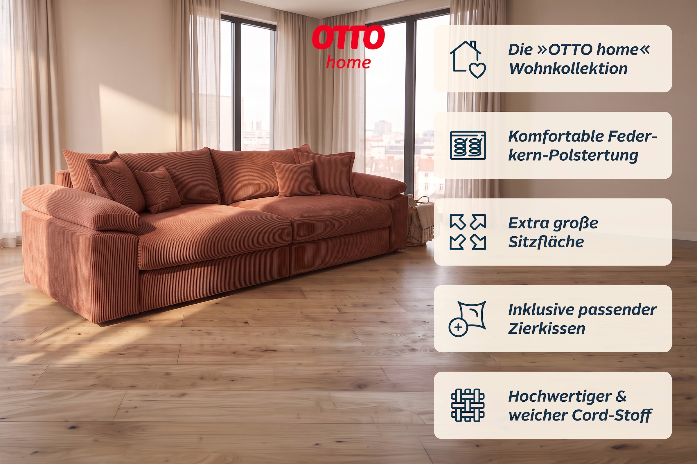 GOODproduct Canapé Big »Soft&Cosy XXL, B: 303 cm - OTTO. Verlässliche Qualität.« Mega-canapé, structure en velours côtelé ou chenille, avec ressorts et 4 coussins décoratifs