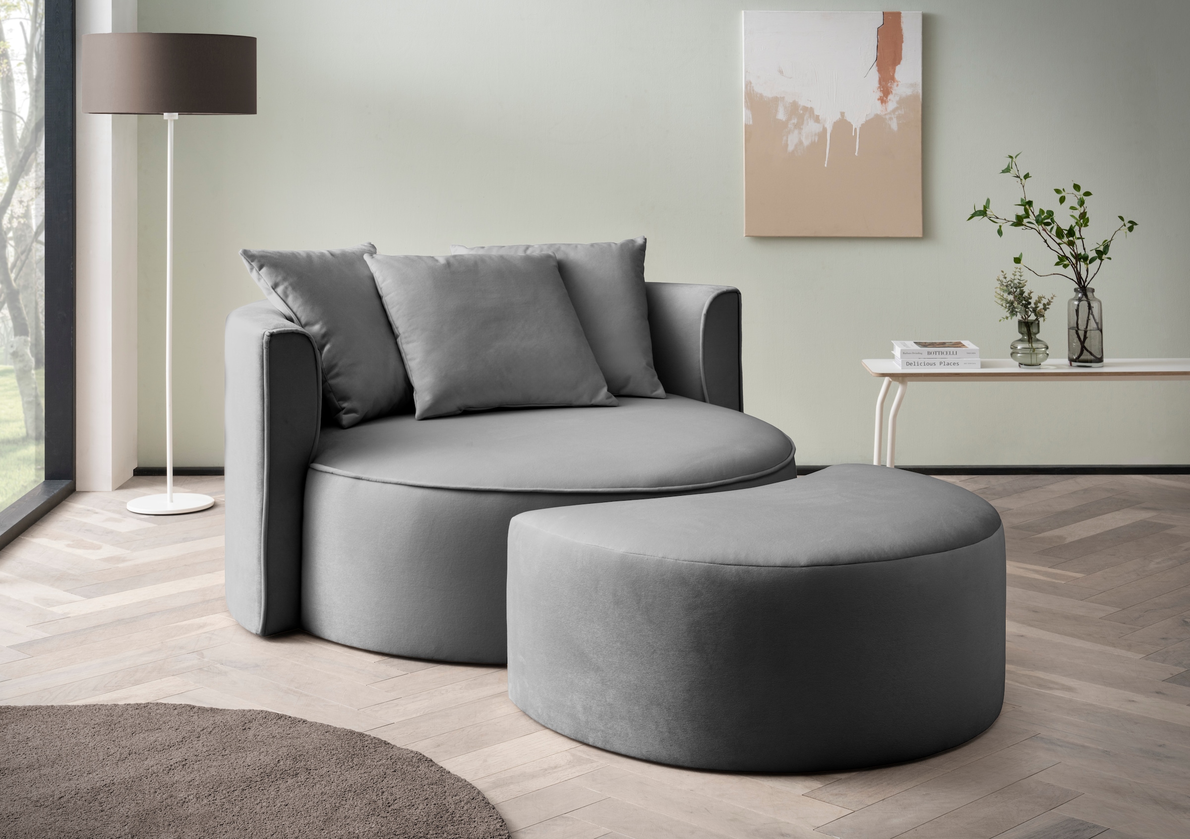 LeGer Home by Lena Gercke XXL-Sessel »ISALIE, Rundsessel mit Hocker, Lesesessel, Loveseat, Big-Sessel«, (Set), trendige Stoffe, 3 Zierkissen, grosse Sitzfläche, Cord, Samt, Bouclé