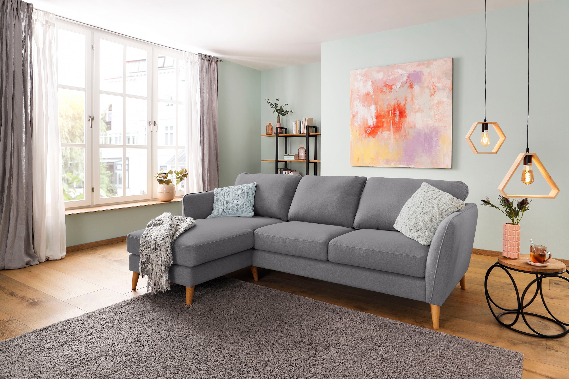 Home affaire Ecksofa »MARSEILLE (242/152cm),L-Form, Rec. rechts/links« Massivholzbeine Eiche, Landhausstil, Wellenunterfederung