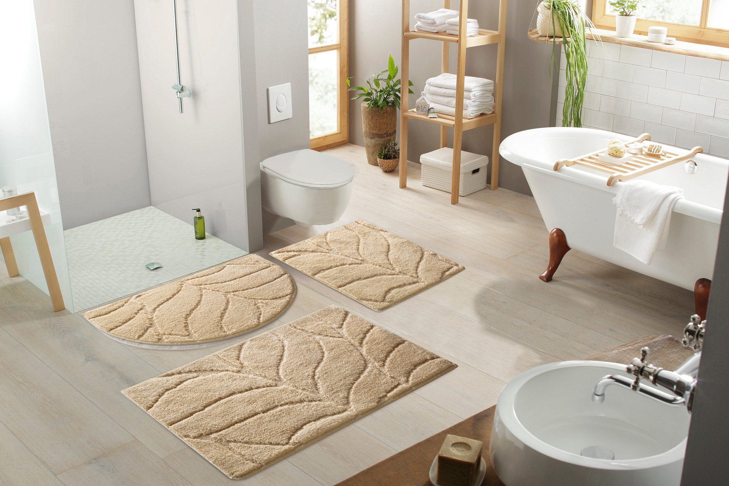 GOODproduct Badematte »Epense, Badvorleger, Badezimmer Teppich, Duschmatte mit Blattstruktur« Höhe 10 mm rutschhemmend beschichtet fussbodenheizungsgeeignet | schnell trocknend Badteppich, Uni, Blätter, Hoch-Tief, verschiedene Farben und Grössen