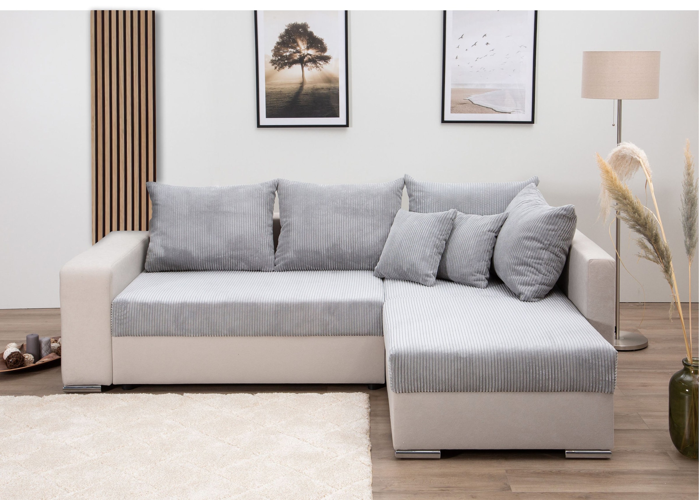 COLLECTION AB Canapé d'angle »John L-Form, B: 226 cm« fonction couchage, coffre à linge, élément de rangement, lumière et 2 coussins décoratifs