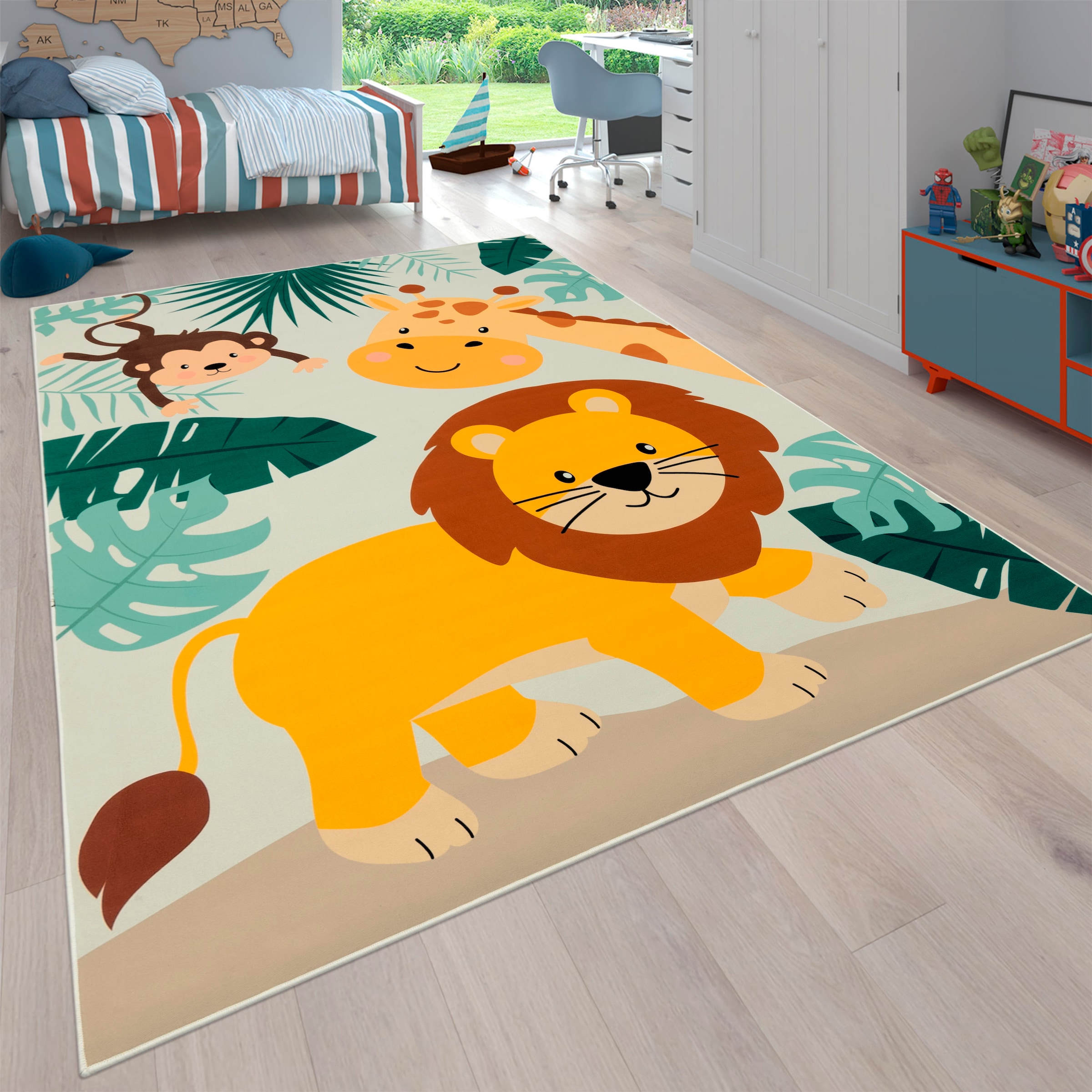 Image of Paco Home Kinderteppich "Bino 582" rechteckig 4 mm Höhe Spielteppich, Motiv Tiere, Löwe & Giraffe, Kinderzimmer