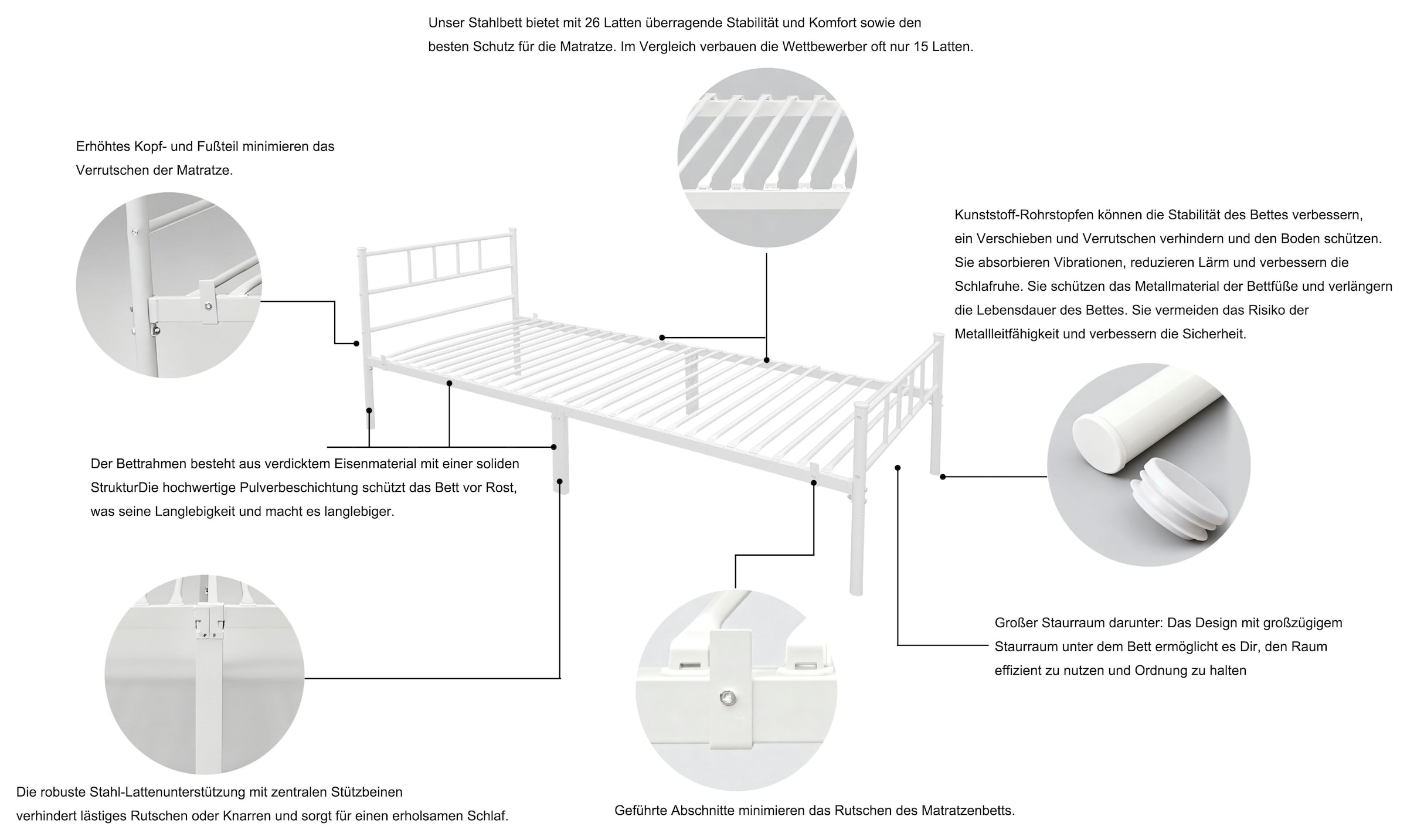 GOODproduct Metallbett »Amrum Bett Bettgestell Bettrahmen Einzelbett Doppelbett Stahlbett« 2m Länge und in 4 Breiten wählbar - 90, 140, 160, 180 cm,  Schlafzimmerbett inkl. 26 Lattenroste zum Schutz der Matratze