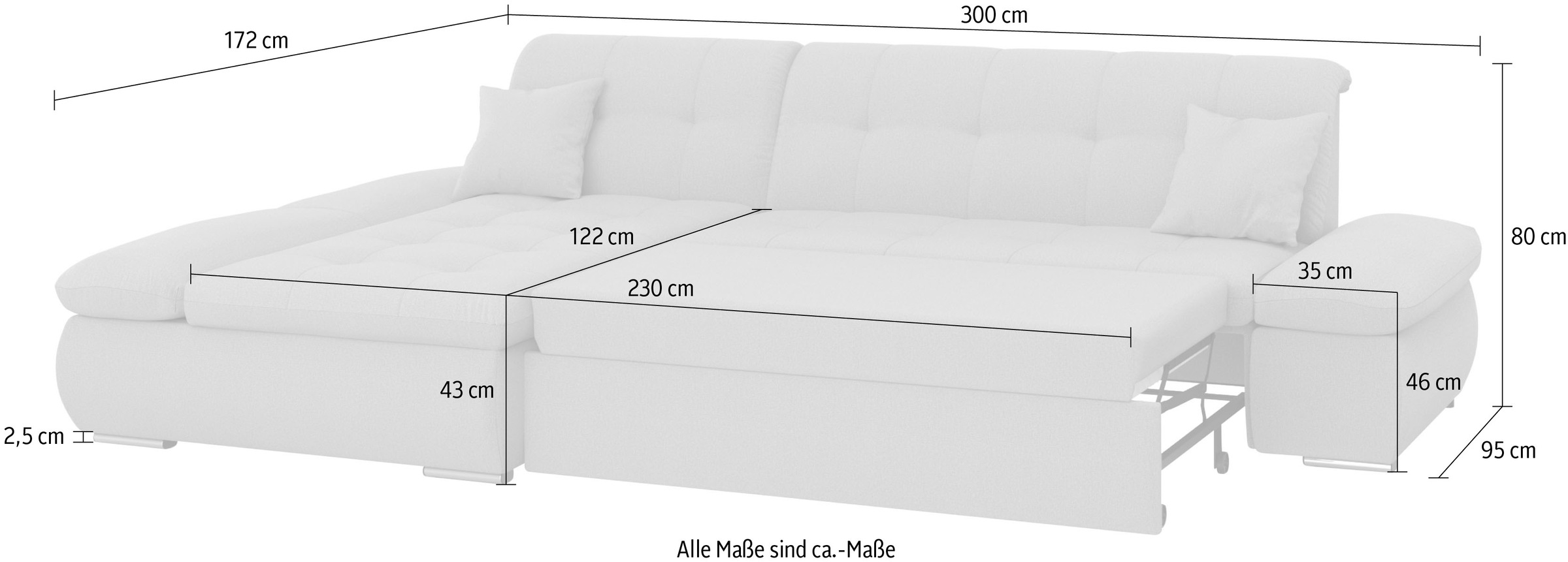 DOMO collection Ecksofa »Moric, L-Form, XXL-Sofa - Breite 300cm«, wahlweise mit Bettfunktion und Armteilverstellung, silberfarben-grau