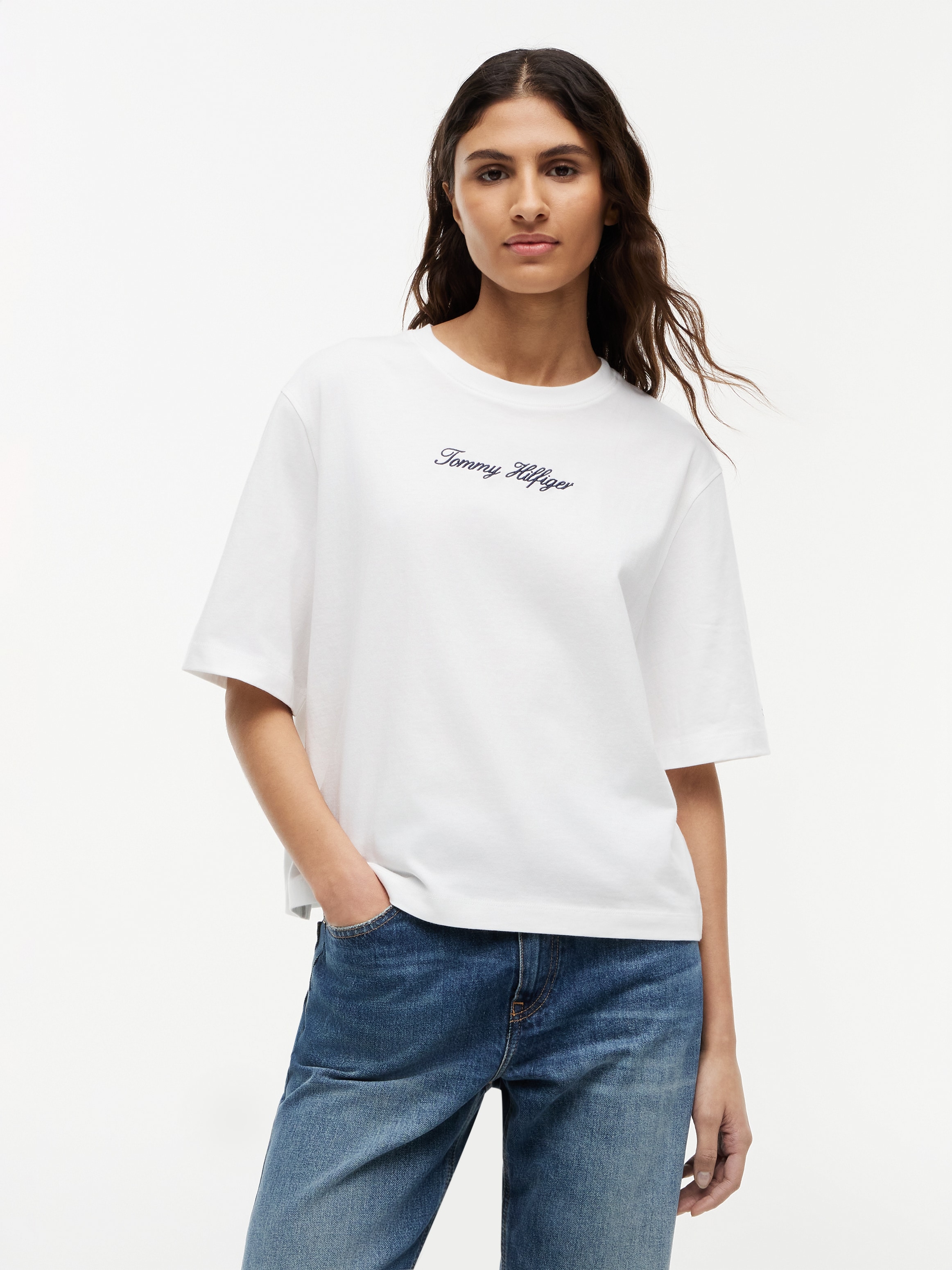 Image of Tommy Hilfiger Kurzarmshirt "CLASSIC SCRIPT TRAPEZE TEE" Baumwolle, kurze Trapezärmel
