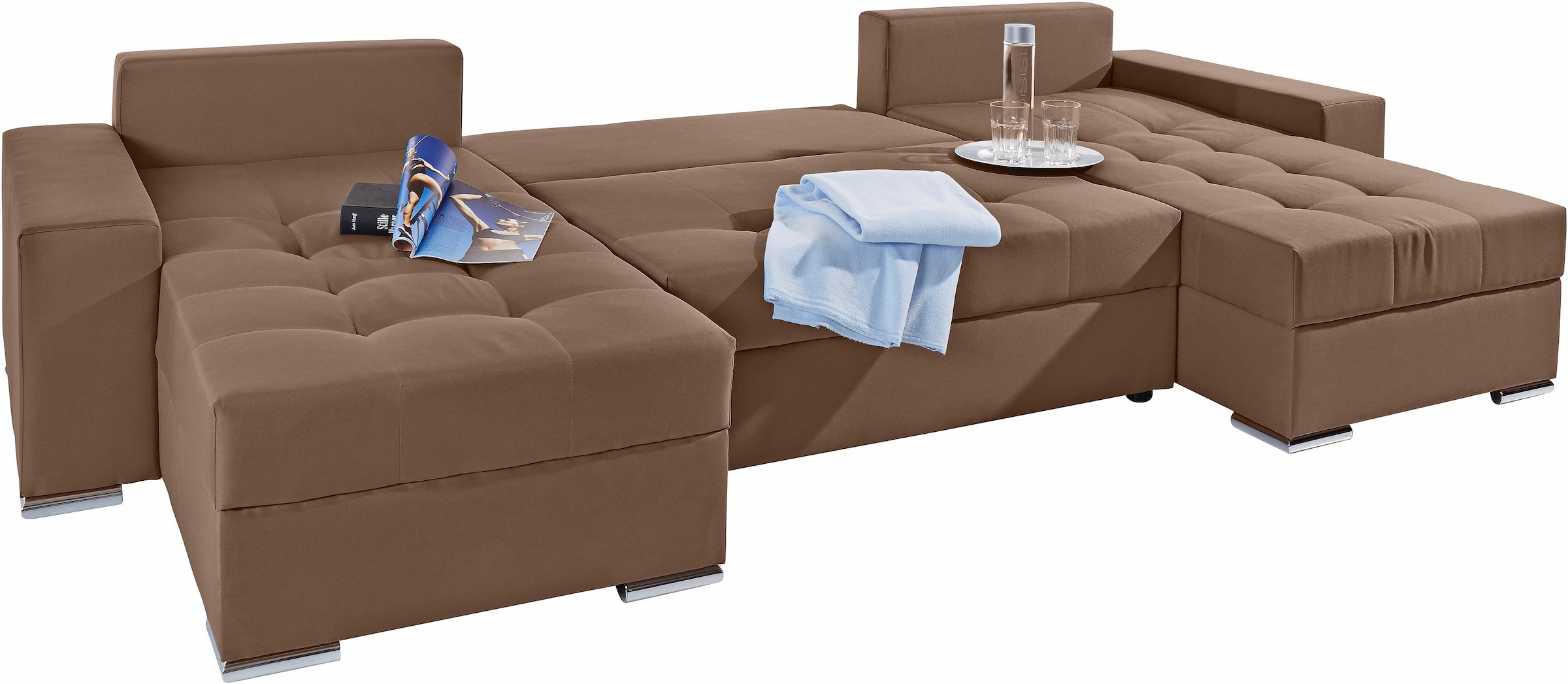 COLLECTION AB Wohnlandschaft »XL-Josy U-Form, Breite 313 cm, Flachgewebe, Struktur, Kunstleder«, inkl. Bettfunktion, Bettkasten, mit 4 gleich grossen Rückenkissen