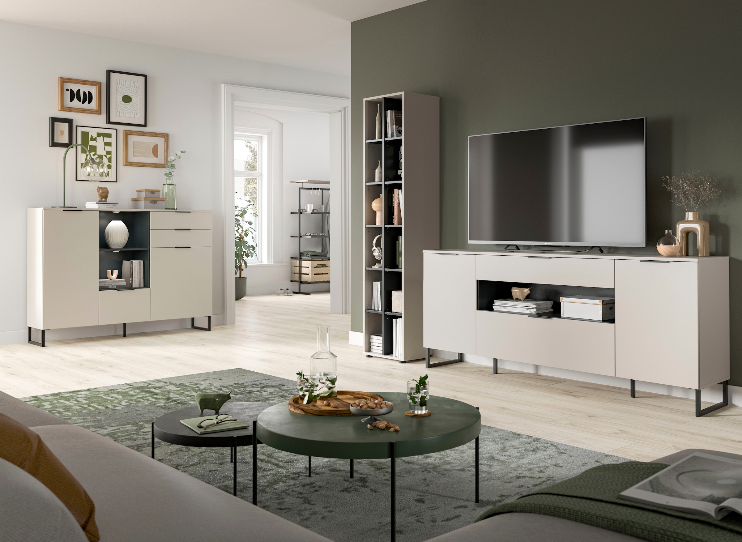 INOSIGN Wohnwand »ADIO, Breite 245 cm, 2-teiliges Set, mit Metall-Kufenfüsse« Set, bestehend aus: Standregal und Sideboard, 2 Stk. tlg.