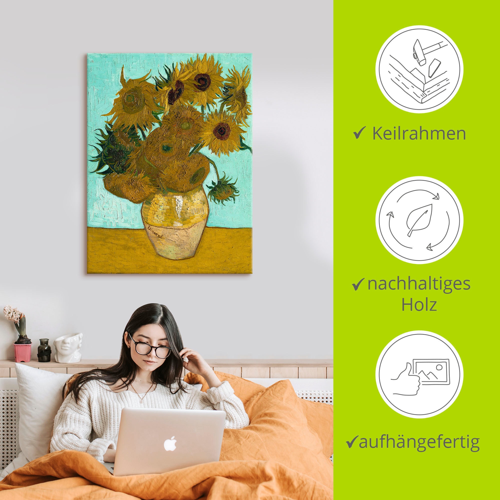 Artland Leinwandbild »Vase mit Sonnenblumen. 1888« Blumen 1 Stk. tlg. auf Holzrahmen gespannt