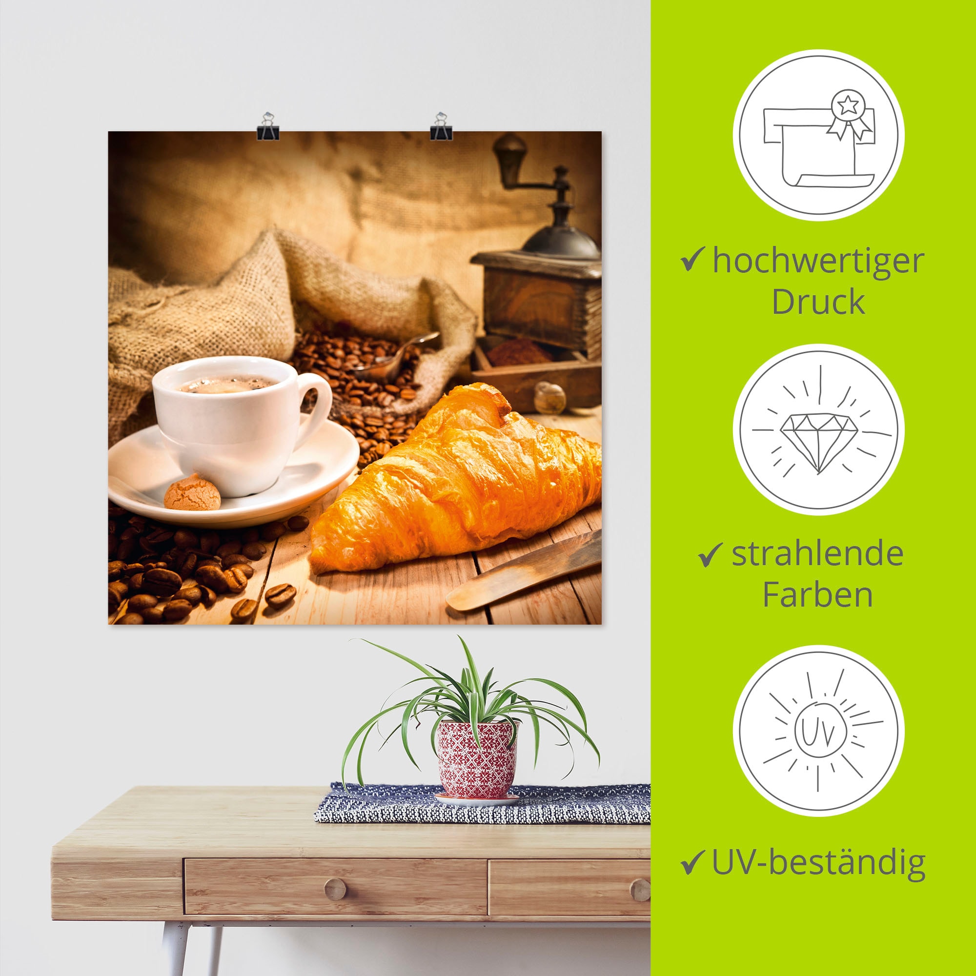 Artland Wandbild »Kaffeetasse mit Croissant«, Getränke, (1 St.), als Leinwandbild, Poster in verschied. Grössen