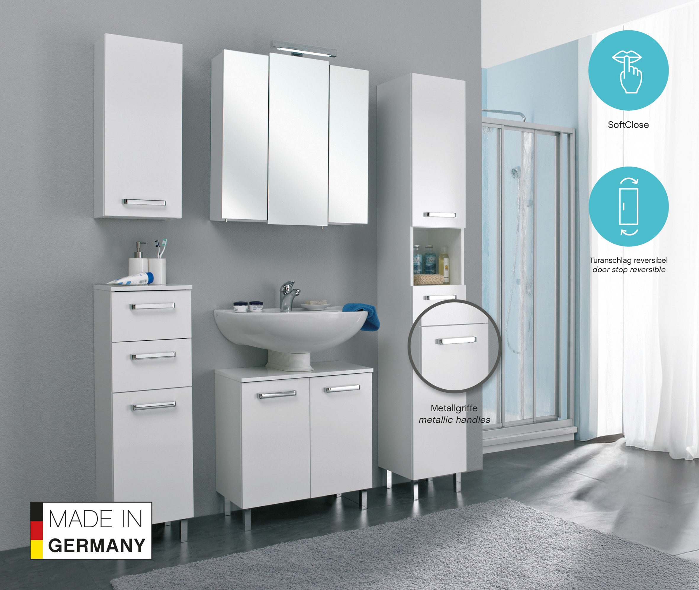 Saphir Armoire sous lavabo »Quickset Unterbeckenschrank mit 2 Türen, 50 cm breit, ohne Waschbecken« Armoire sous lavabo avec amortisseur de porte, poignées chromées brillantes