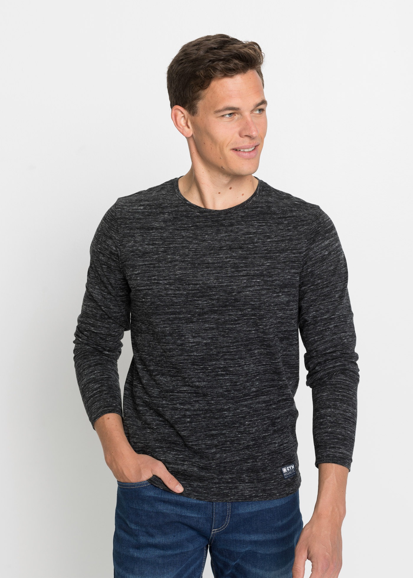 bonprix Langarmshirt Packung, 3 Stk. Regular Fit, melierte Optik, aus Baumwoll-Mix