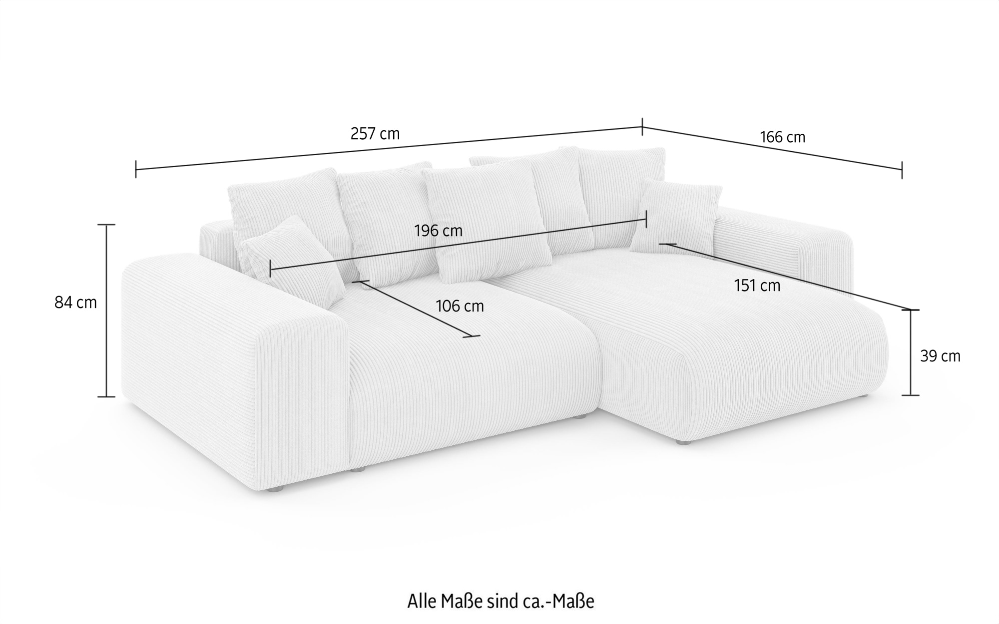 Home affaire Ecksofa »LAKESIDE mit Bettfunktion und Bettkasten, B/T/H 257/166/84 cm«, L-Form, Recamiere beidseitig montierbar, Wellenunterfederung