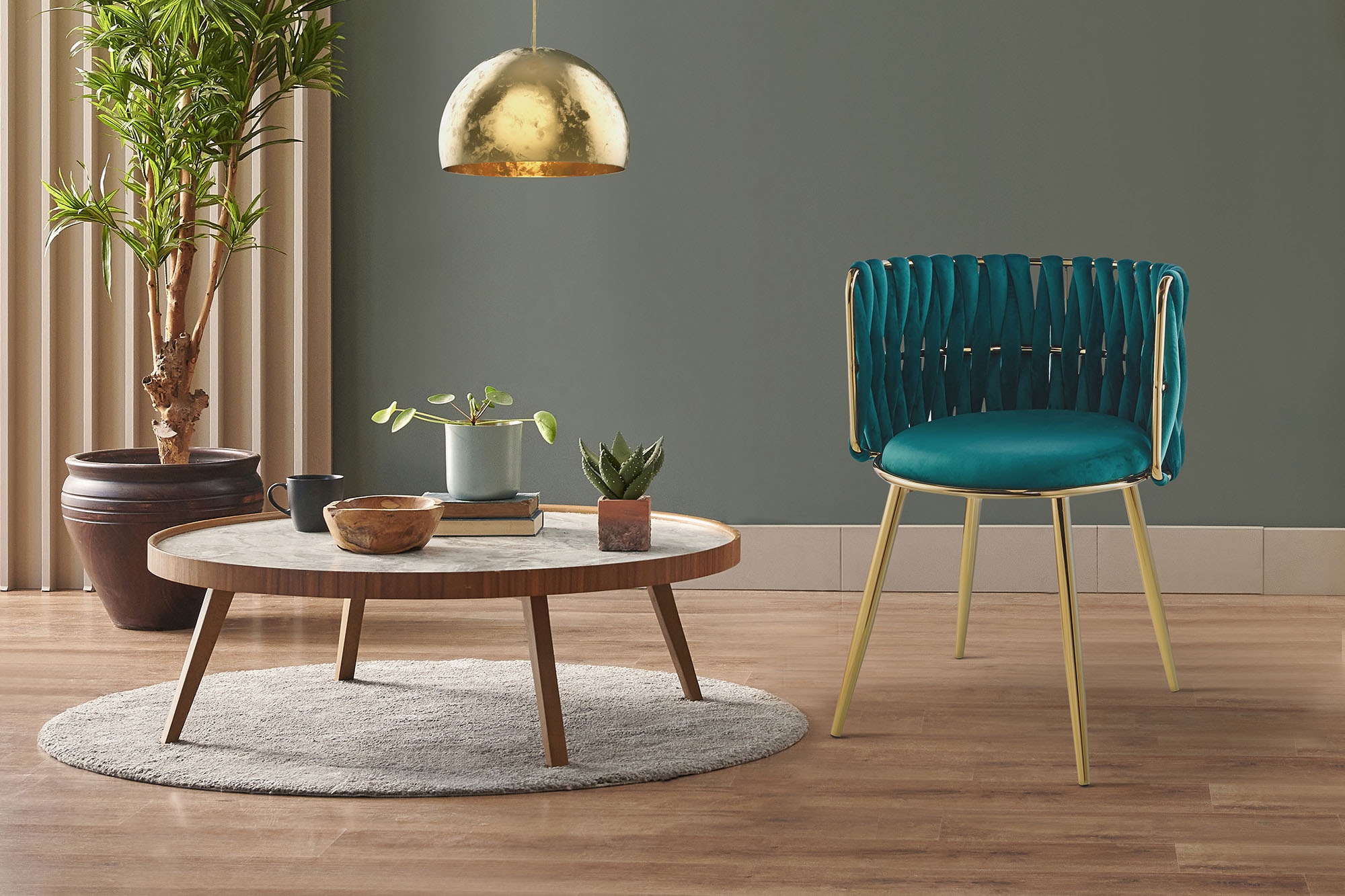Kayoom Polsterstuhl »Stuhl Melly 125 2er-Set,tolles Design der Rückenlehne, runde Sitzfläch«, (Set), 2 St., ausgefallen geflochtene Rückenlehne, Samtbezug, goldene Beine