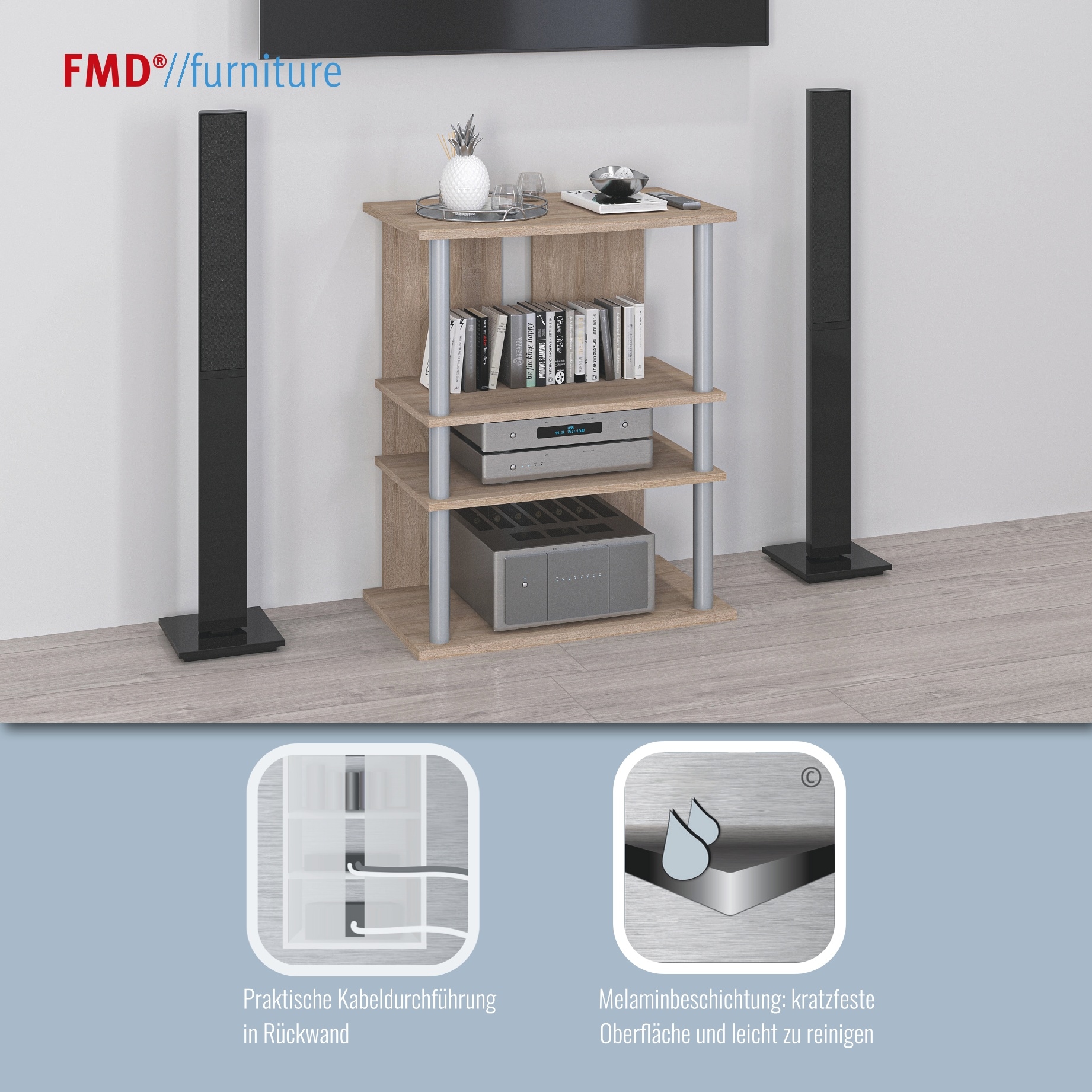 FMD Étagère média »Variant« Regal auf Rollen, Multimedia, TV, Hifi, 3 Böden, 65 cm breit