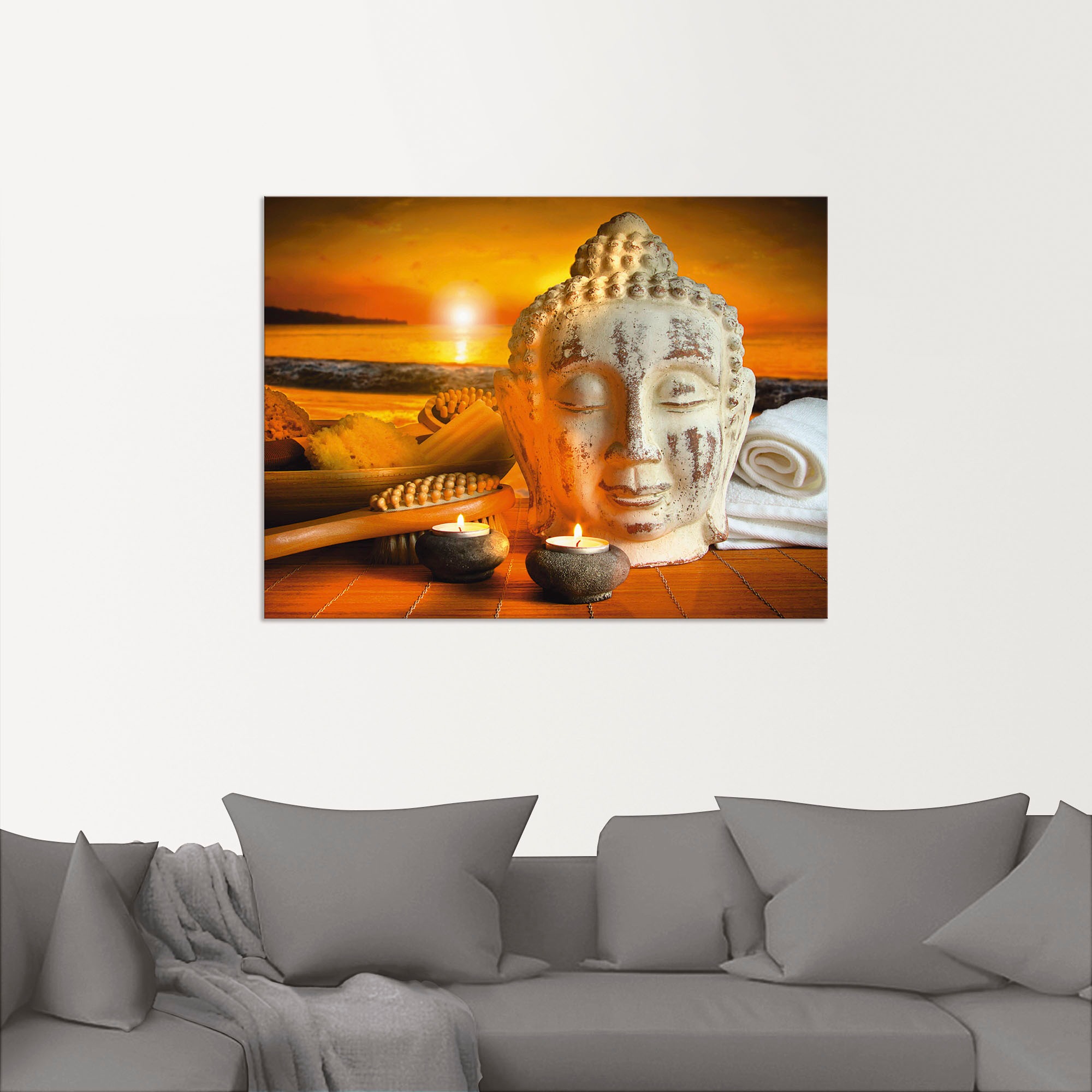 Artland Wandbild »Bad-Zubehör mit Buddha-Statue«, Religion, (1 St.), als Alubild, Outdoorbild, Leinwandbild, Wandaufkleber, versch. Grössen