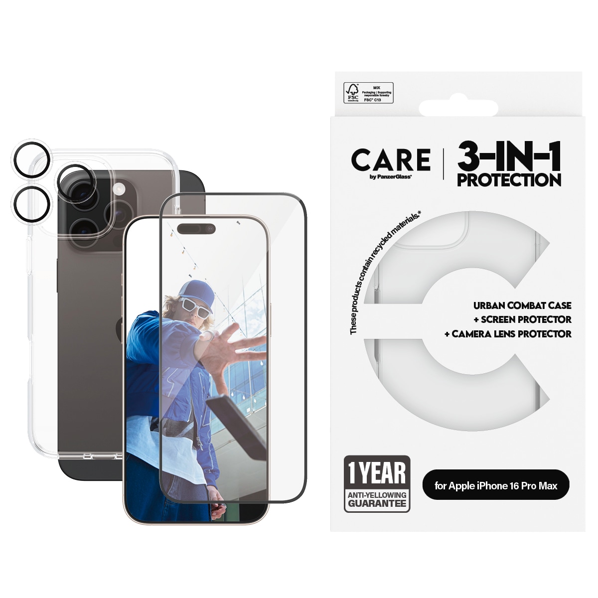 Image of CARE by PanzerGlass Displayschutzglas "3-in-1 Protection, Glass, Case, Lenscover" für Apple iPhone 16 Pro Max Displayschutzfolie, Schutzfolie, Bildschirmschutz, kratz- & stossfest