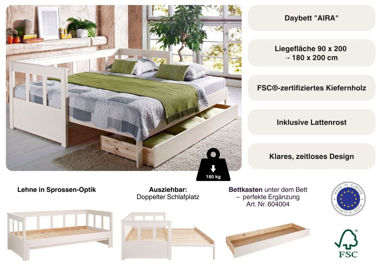 GOODproduct Daybett »"AIRA" Kinderbett, Gästebett, Skandi- Design, Schublade optional« FSC® zertifiziertes Massivholz,  mit ausziehbarer Liegefläche, ideal fürs Jugend- oder Gästezimmer