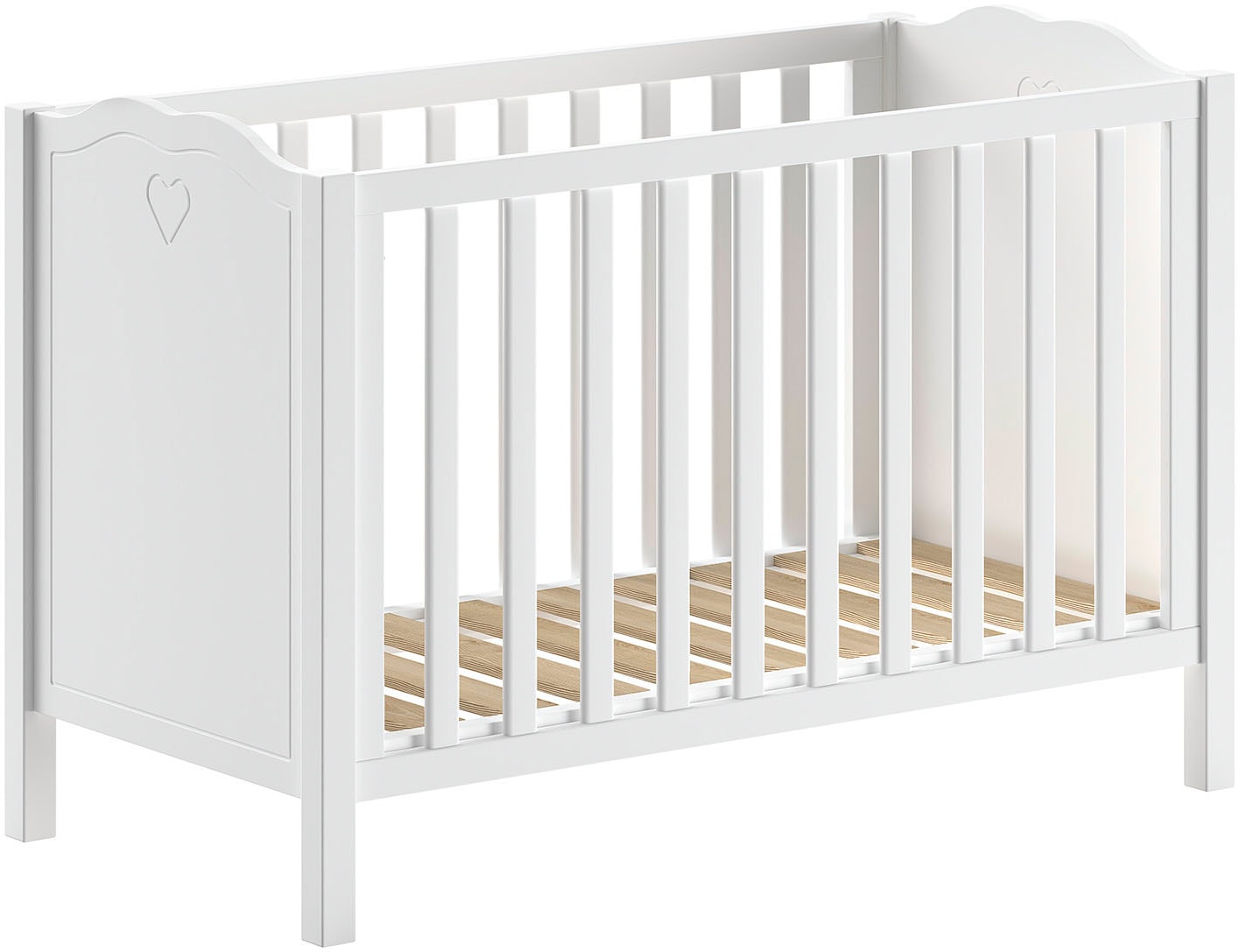Vipack Babybett »Amori 60/120 mit verstellbarem Lattenrost, sehr stabil gebaut« mit geschwungenem Kopfteil und Herz Ornament, weiss lackiert