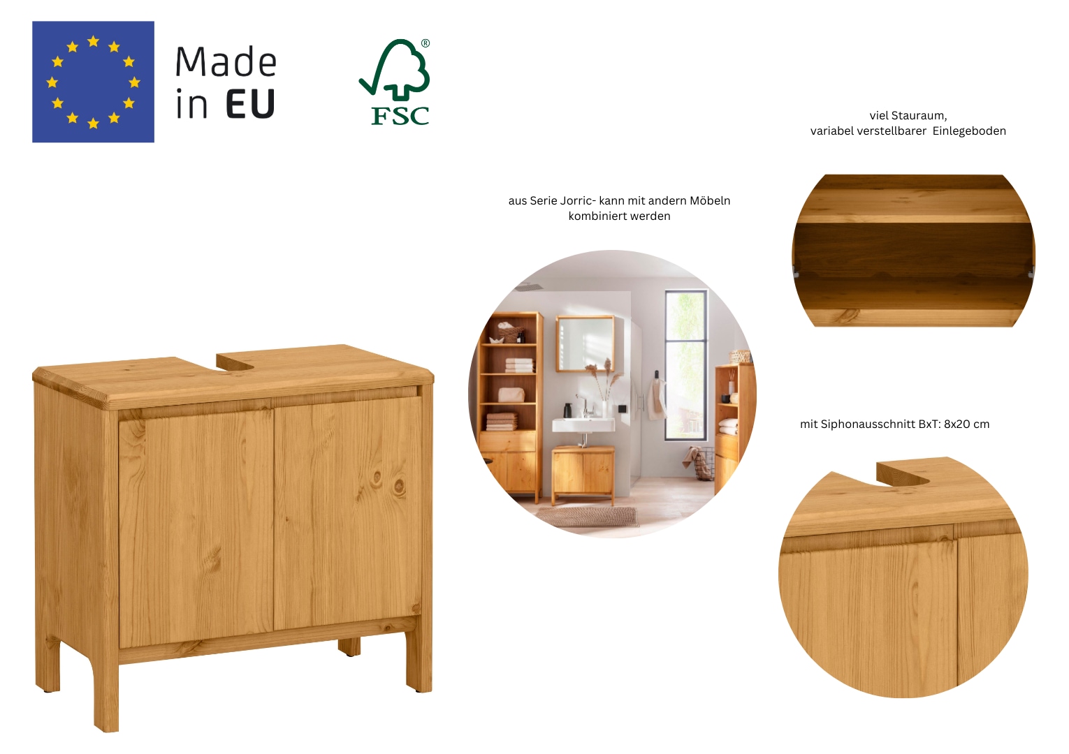 GOODproduct Waschbeckenunterschrank »Jorrick«, Breite 60 cm, Kiefer mit Bio Öl/Wachs behandelt, Siphonausschnitt