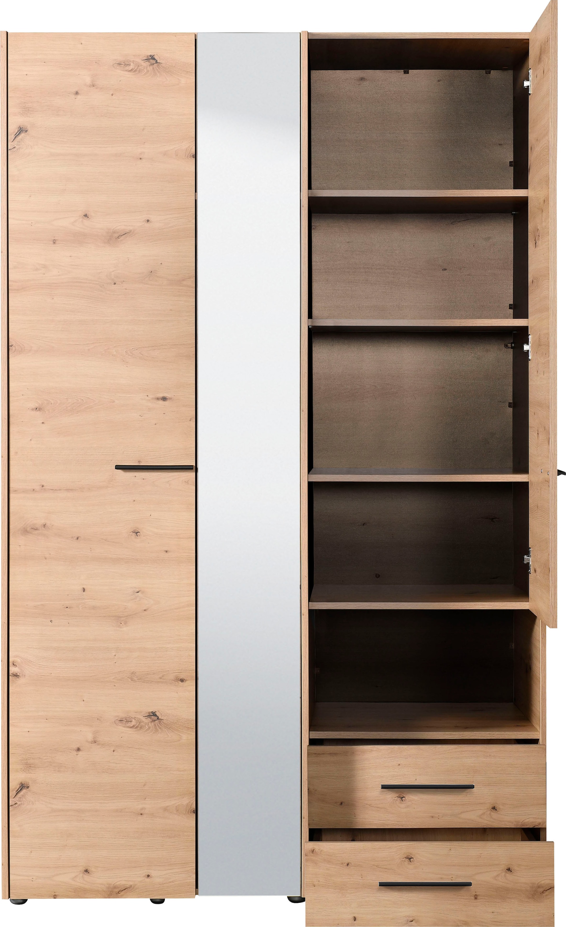 INOSIGN Kleiderschrank »Leon, FSC® -zertifiziertem Holzwerkstoff«, mit Spiegel, Innenausstattung und 2 Schubladen, 127,5x55x205,5cm