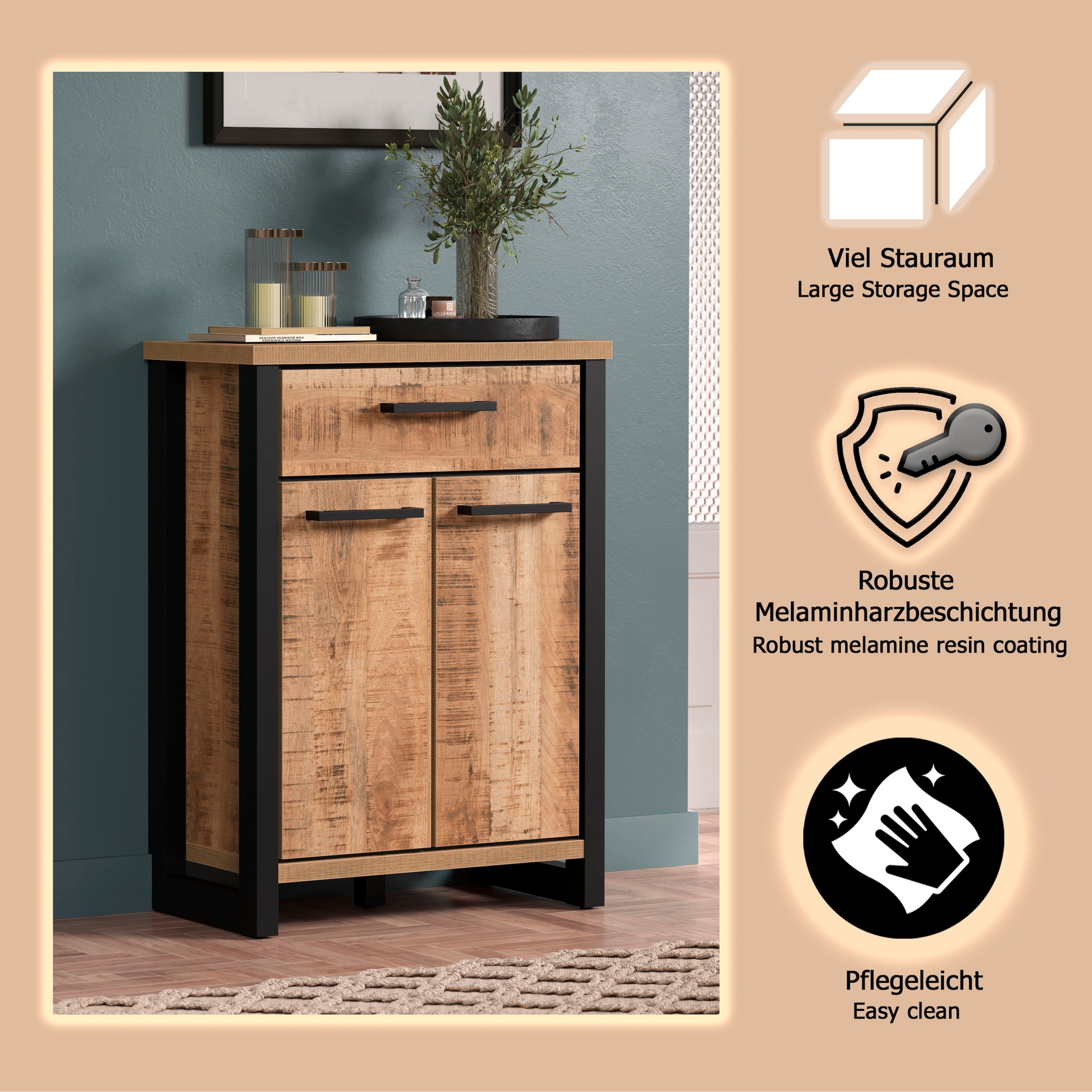 Home affaire Kommode »Elda« 1 Stk. tlg. Kommode mit 2 Türen, 1 Schublade mit Vollauszug – (B/T/H) 73/39/100 cm