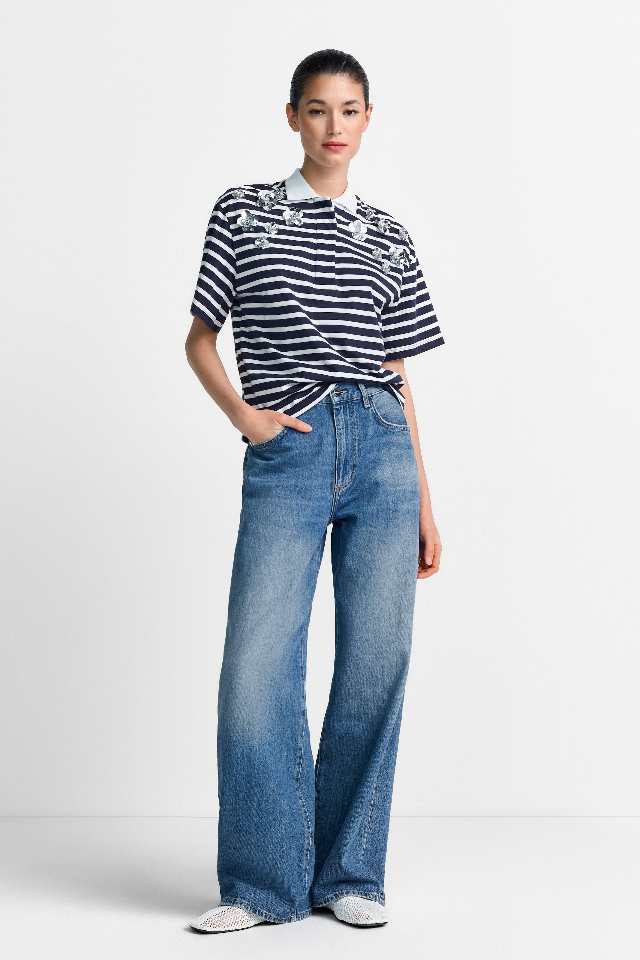 RICHROYAL Poloshirt mit Blume-Applikationen, Gerade Form