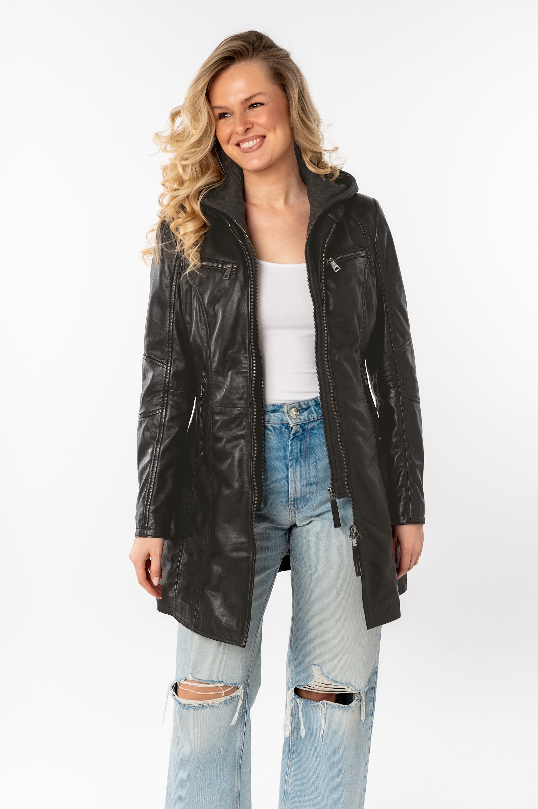Mauritius Manteau en cuir »Bente« Veste en cuir 2-en-1 avec insert à capuche amovible en jersey