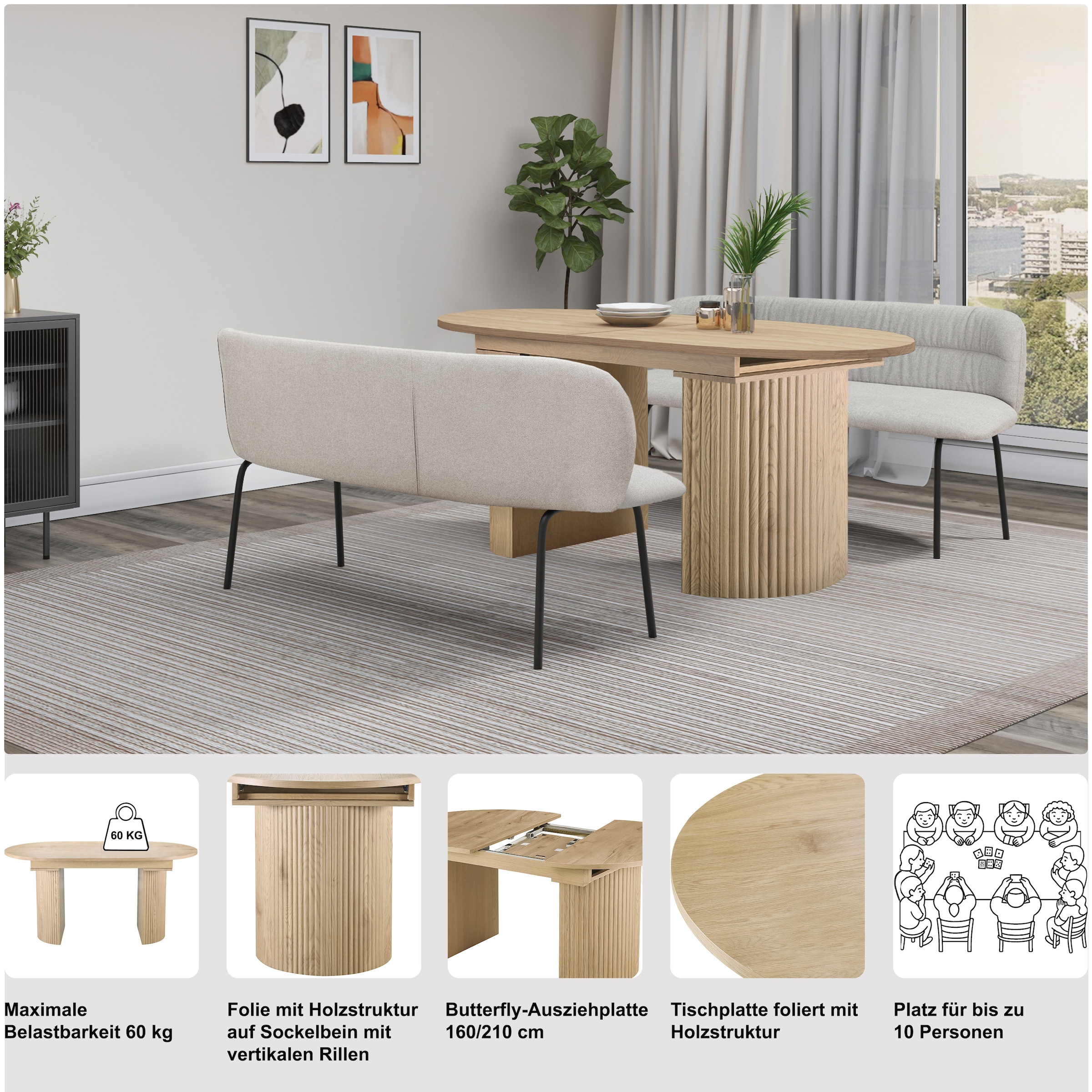 GOODproduct Esstisch »Gartempe« ausziehbar 160-210 cm, Synchronauszug, inkl Einlegeplatte, Breite 90cm