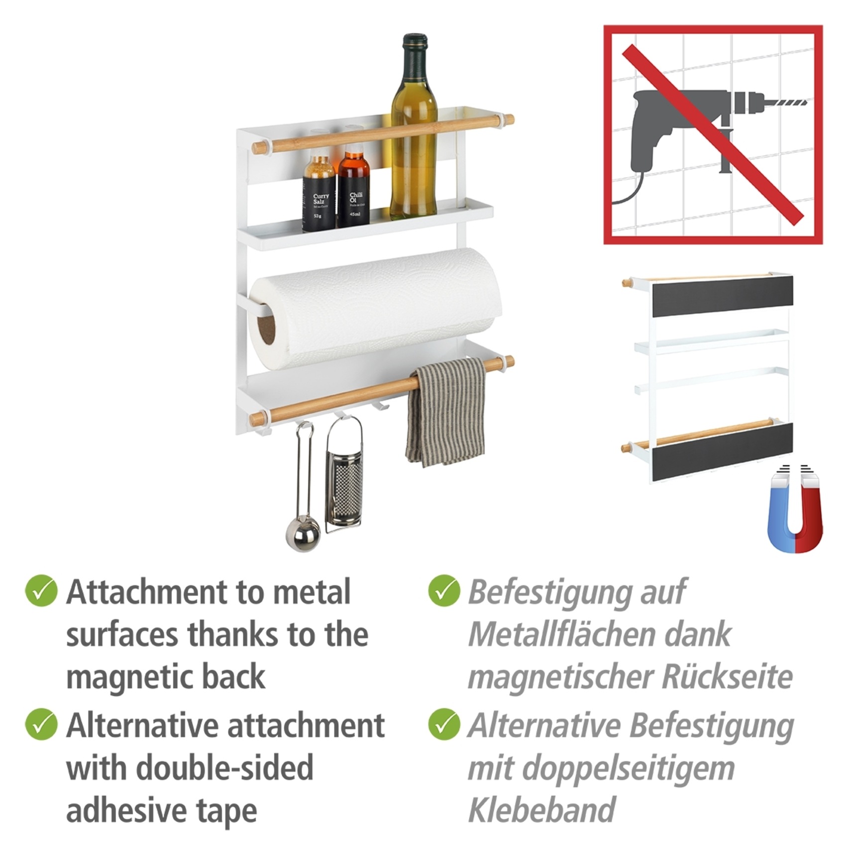 WENKO Küchenregal »Modell Magna«, magnetisches Regal mit Küchenrollenhalterung, Befestigung ohne Bohren