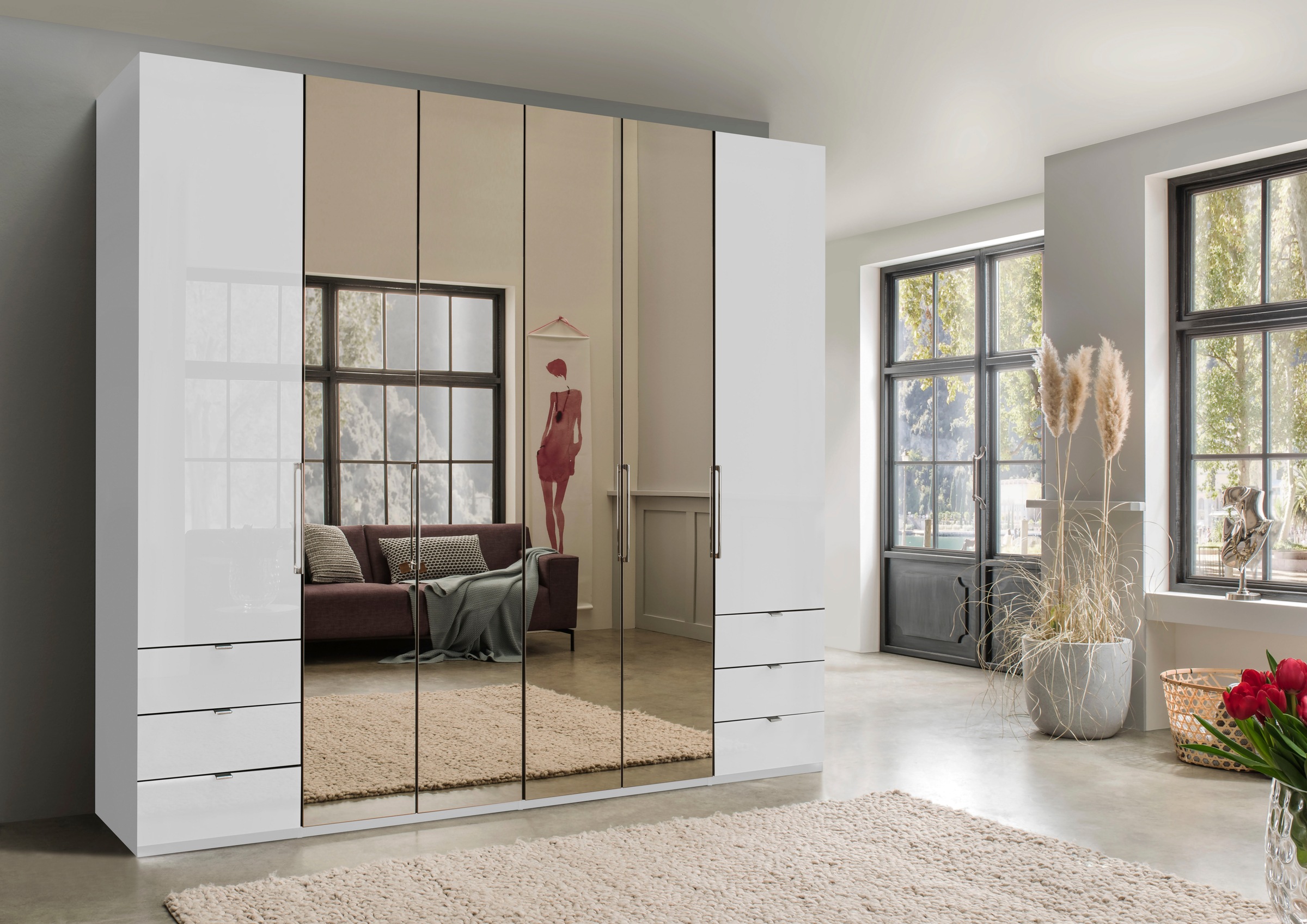 WIEMANN Falttürenschrank »Kansas, Kleiderschrank, Schrank, Wäscheschrank, mit Glas und Spiegel«, (2 Breiten, 2 Höhen 216/236 cm auswählbar, MADE IN GERMANY), inkl. gepämpften Schubkästen und Türen, mit Panoramaöffnung