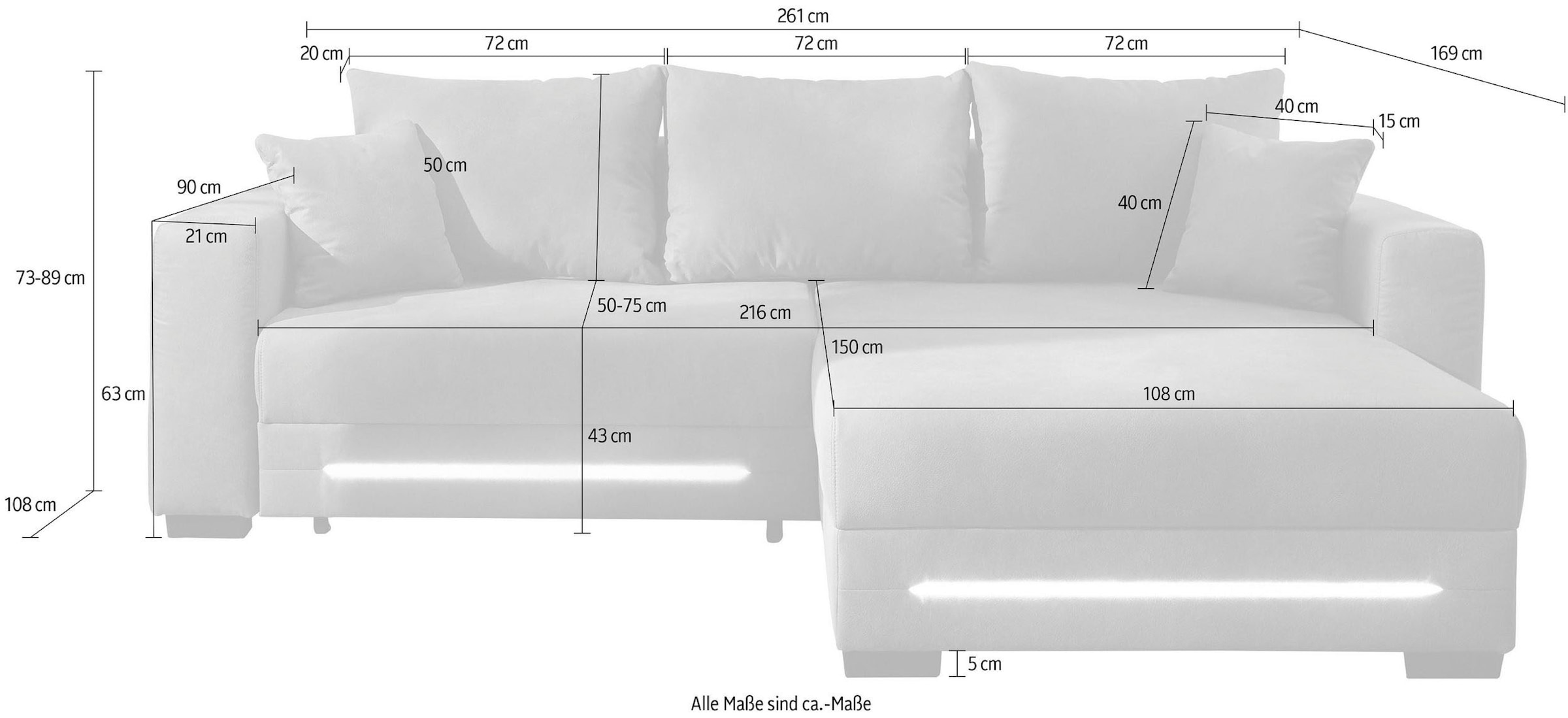 Jockenhöfer Gruppe Canapé d'angle »Spotlight XL L-Form, B: 261 cm« avec fonction couchage, coffre sous le lit, lumière et 2 coussins décoratifs