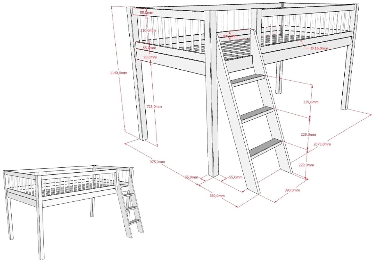 Vipack Spielbett »Forrest mit hochwertiger und stabiler Verarbeitung, Made in Europe« halbhohes Bett inkl. Lattenrost, 90/200 cm, Rausfallschutz und Leiter,  Ausf. Buche massiv natur, inkl. Textilvorhang 3-tlg.