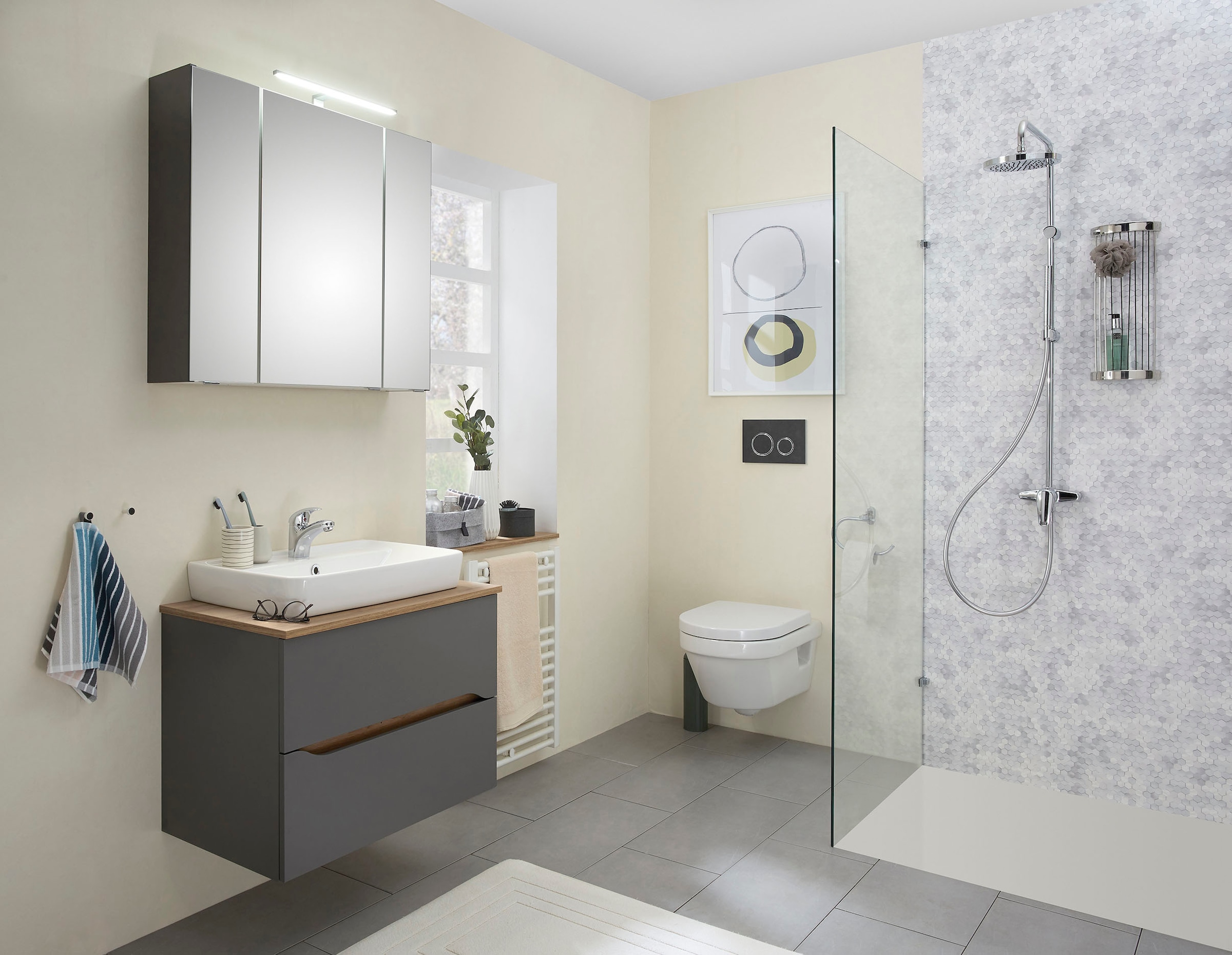 Saphir Waschtisch »Quickset Keramik-Aufsatzbecken mit Unterschrank, 73 cm breit« Waschplatz, Unterschrank mit Waschbecken, 2 Schubladen, grifflos