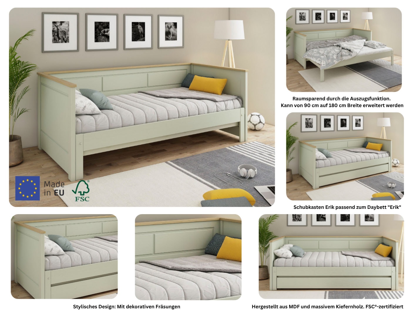 Lüttenhütt Lit fonctionnel »" ERIK " TOPSELLER! Daybed, Gästebett, Kinderbett, Massivholz (Kiefer)« stilvolle Kassetten - Fräsung, 90x200cm ausziehbar auf 180x200cm),  2. Schlafplatz ausziehbar, moderner Landhausstil, Schublade optional