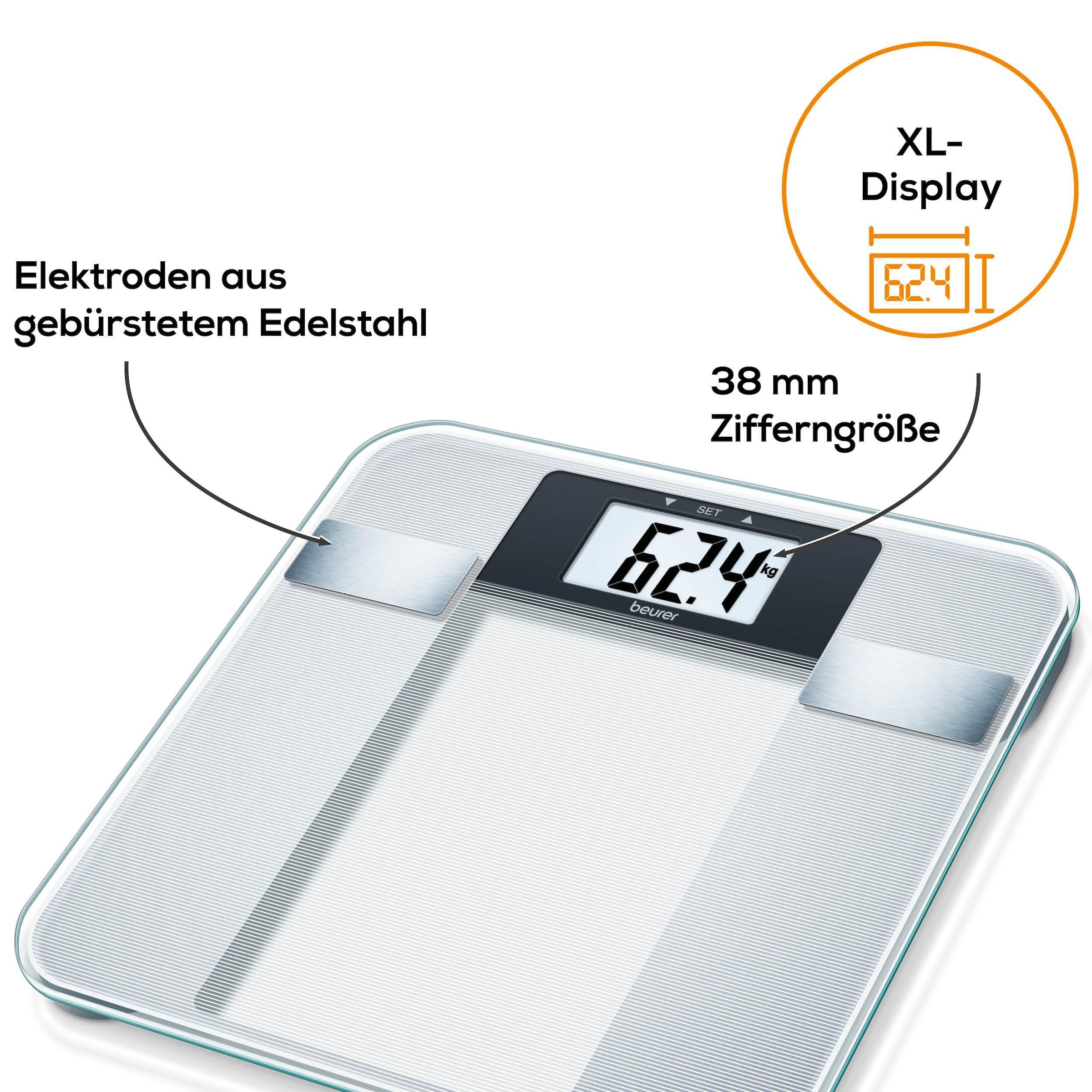 BEURER Pèse-personne d'analyse corporelle »BG 13 zur Messung von Gewicht, Körperfett, Körperwasser, Muskelanteil« Trittfläche aus Sicherheitsglas, Tragkraft bis 150 kg