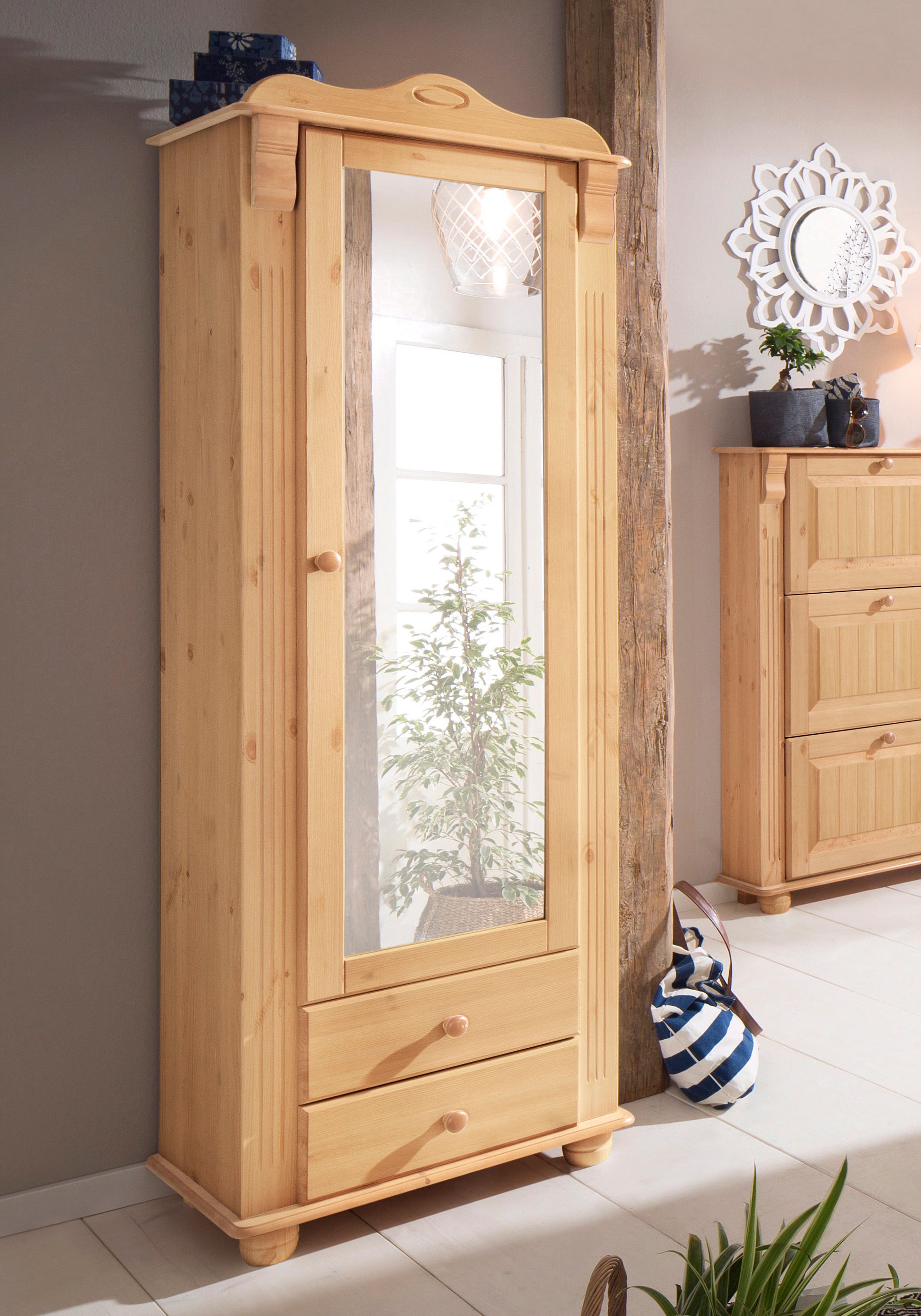 Image of GOODproduct Garderobenschrank "Adele" mit Spiegel, Breite 63 cm, mit 2 Schubladen, aus massiver Kiefer, FSC