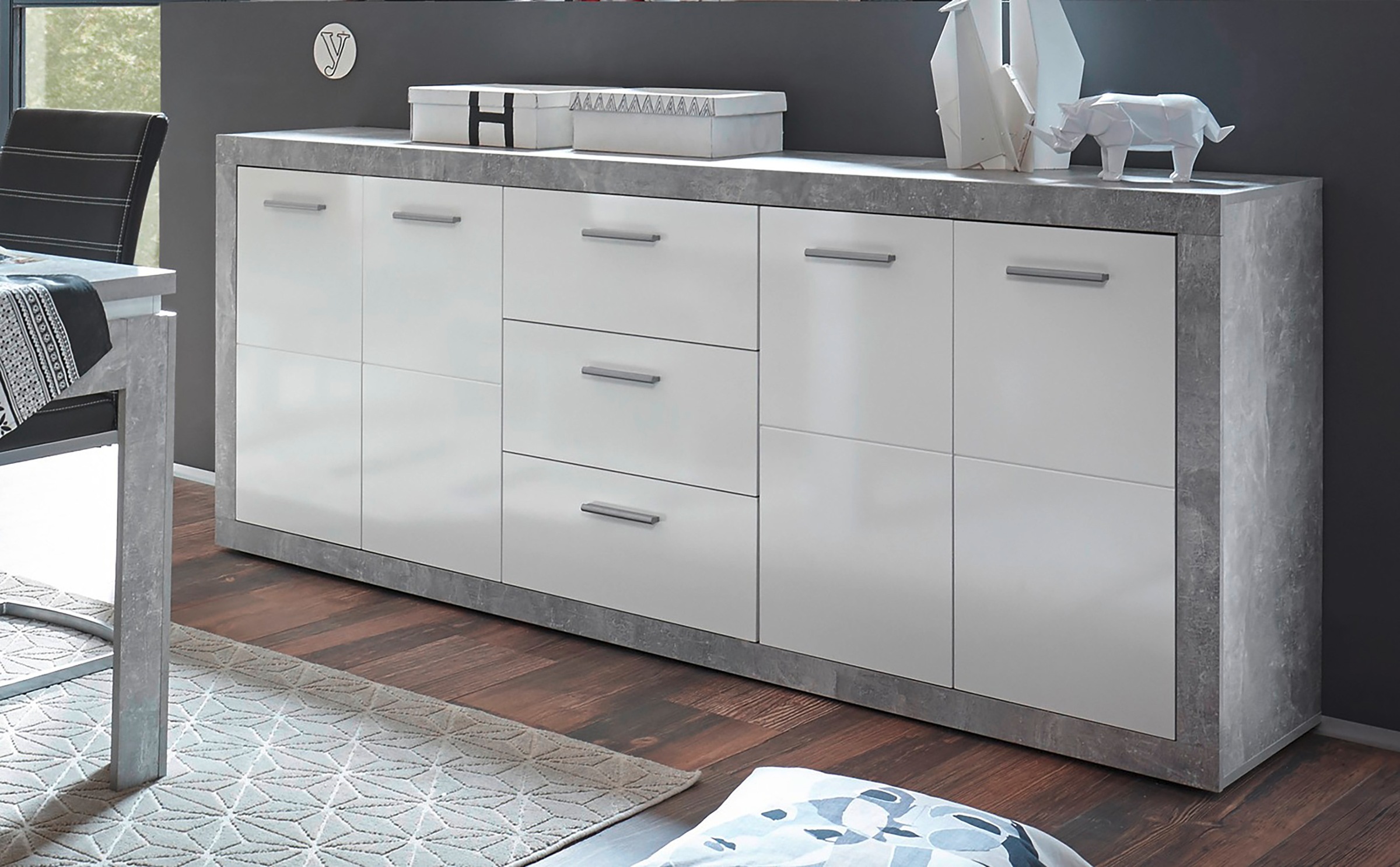 Image of HBZ Sideboard "Stone weiss Hochglanz, Wohnzimmerschrank BxHxT 206x90x45 cm" 1 Stk. tlg. Mit 4 Türen, 3 geräumigen Schubkästen, 2 Einlegeböden verstellbar