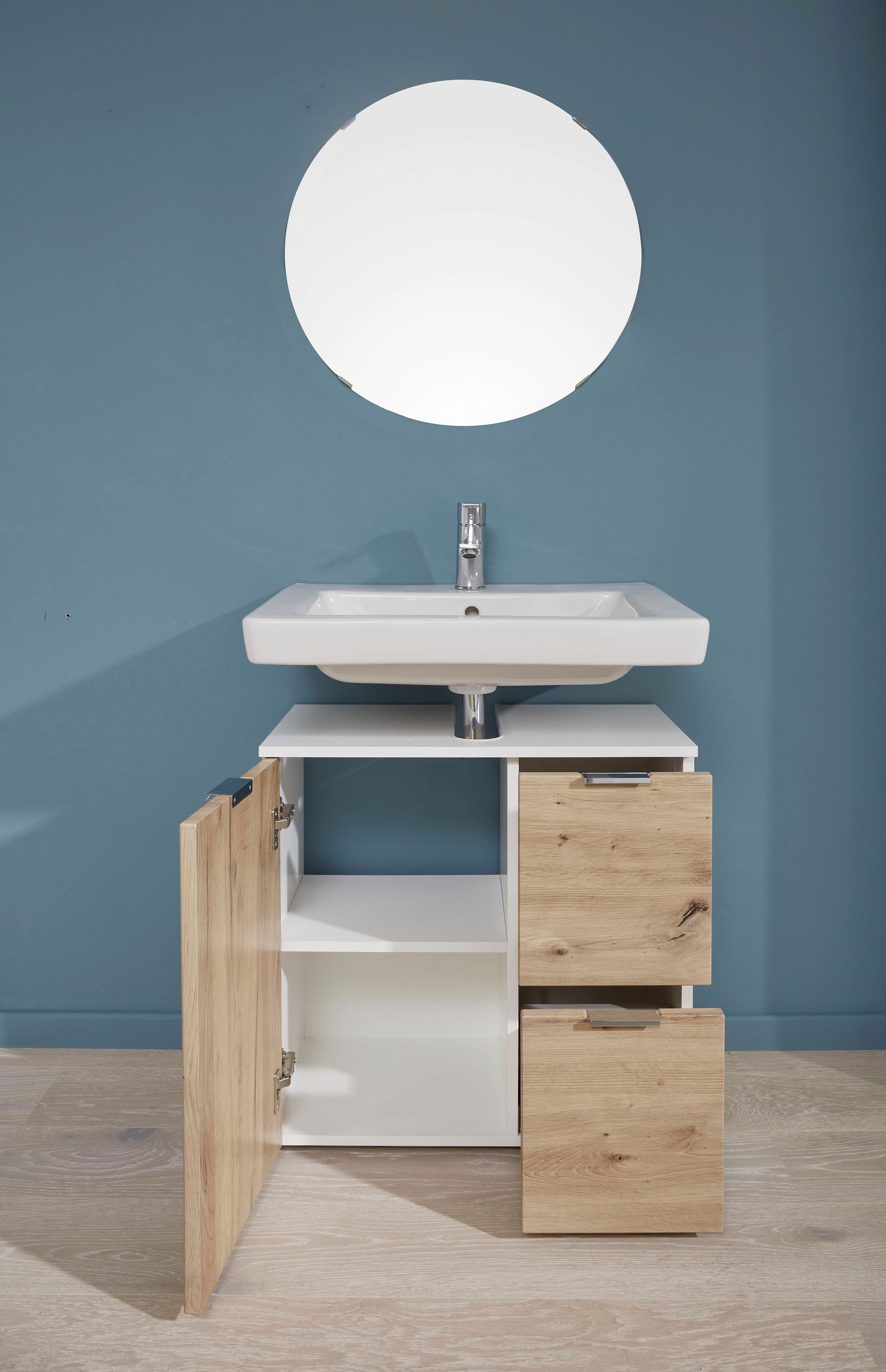 trendteam Waschbeckenunterschrank »Concept One«, Waschtisch mit 2 Fächern und 2 Schubladen in Weiss/Echtholzoptik
