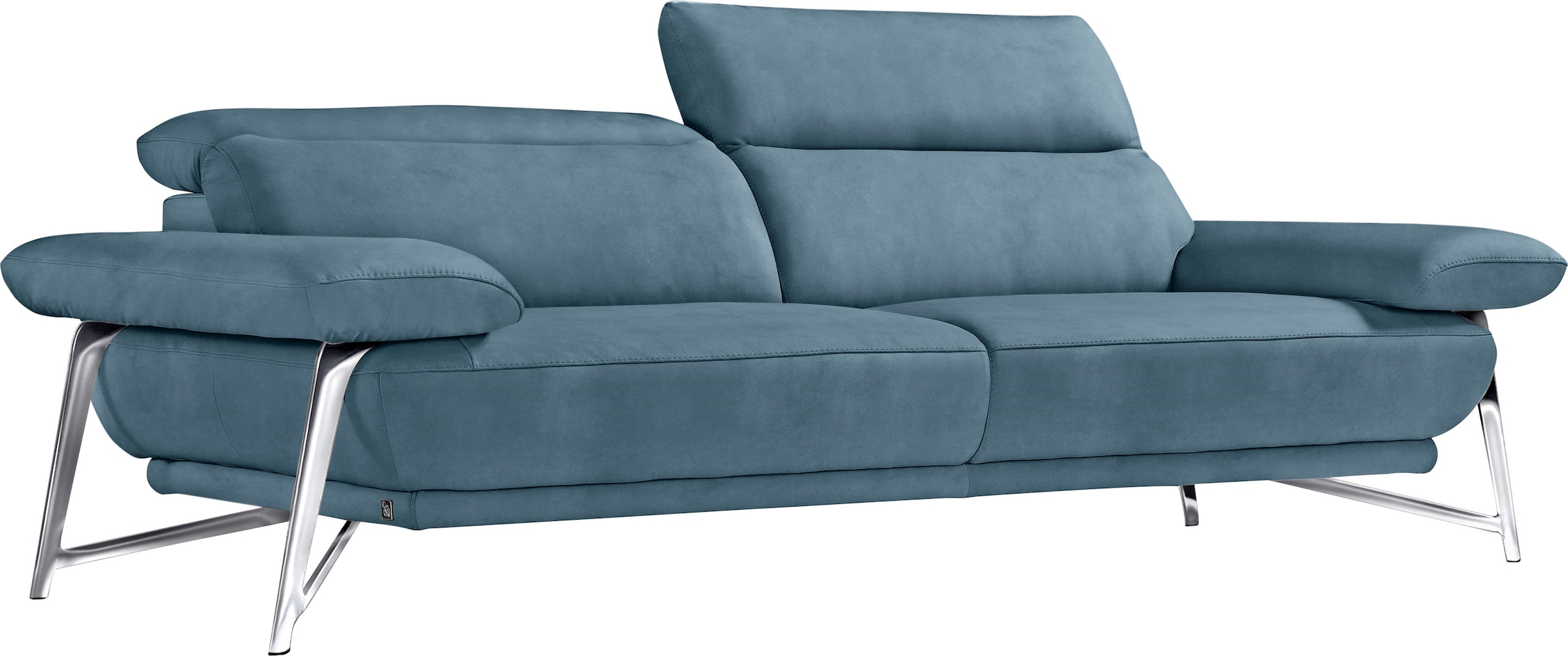 Egoitaliano 2,5-Sitzer »Anais, Designsofa mit erstklassigem Sitzkomfort, Fussfarbe chrom« Kopfteil verstellbar, 232 cm, Luxus-Microfaser Lederoptik, hellblau