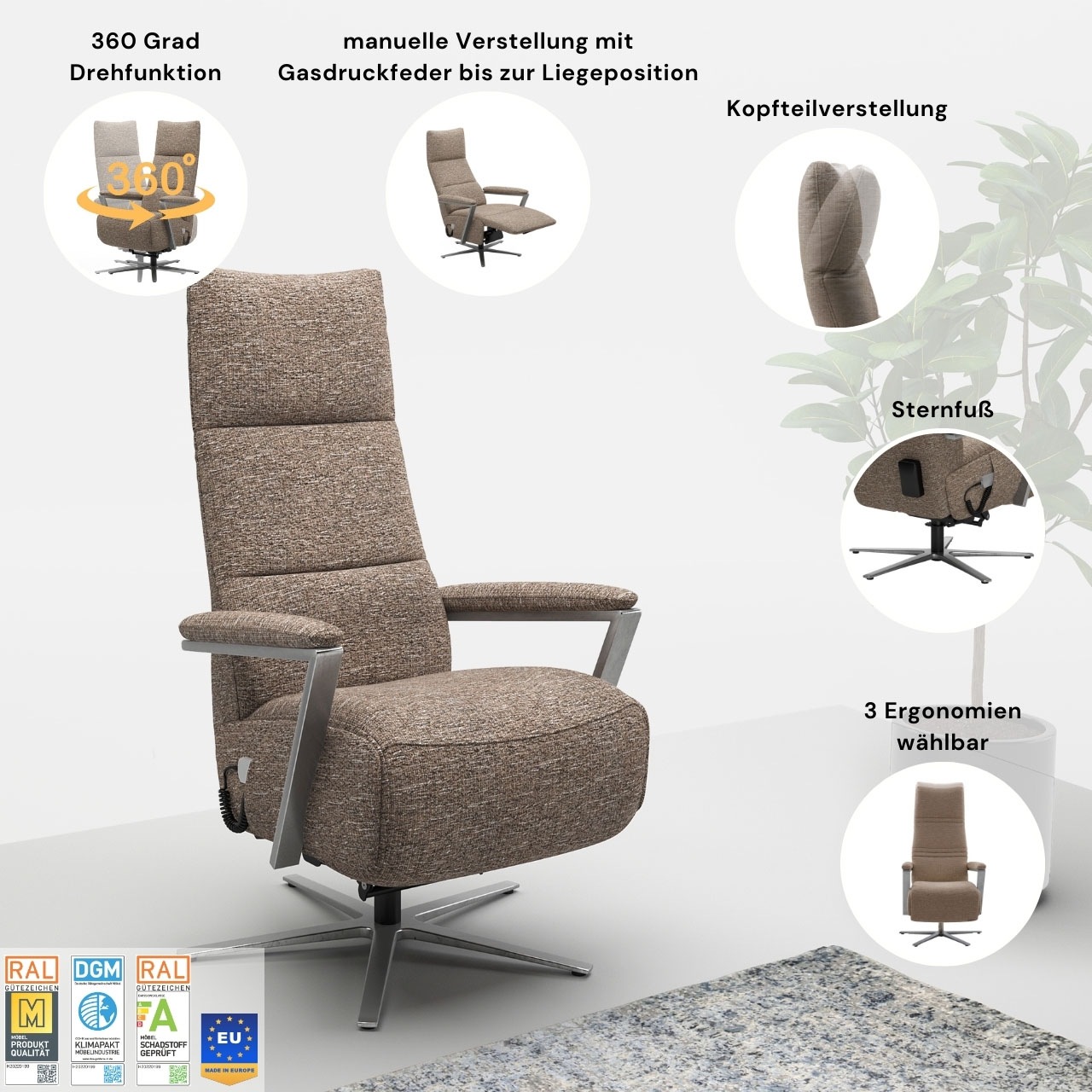 sit&more "Vario Comfort, inkl. Kopfteilverstellung & 360 Drehfunktion" mit Gasdruck, Höhe der Armlehnen 62cm