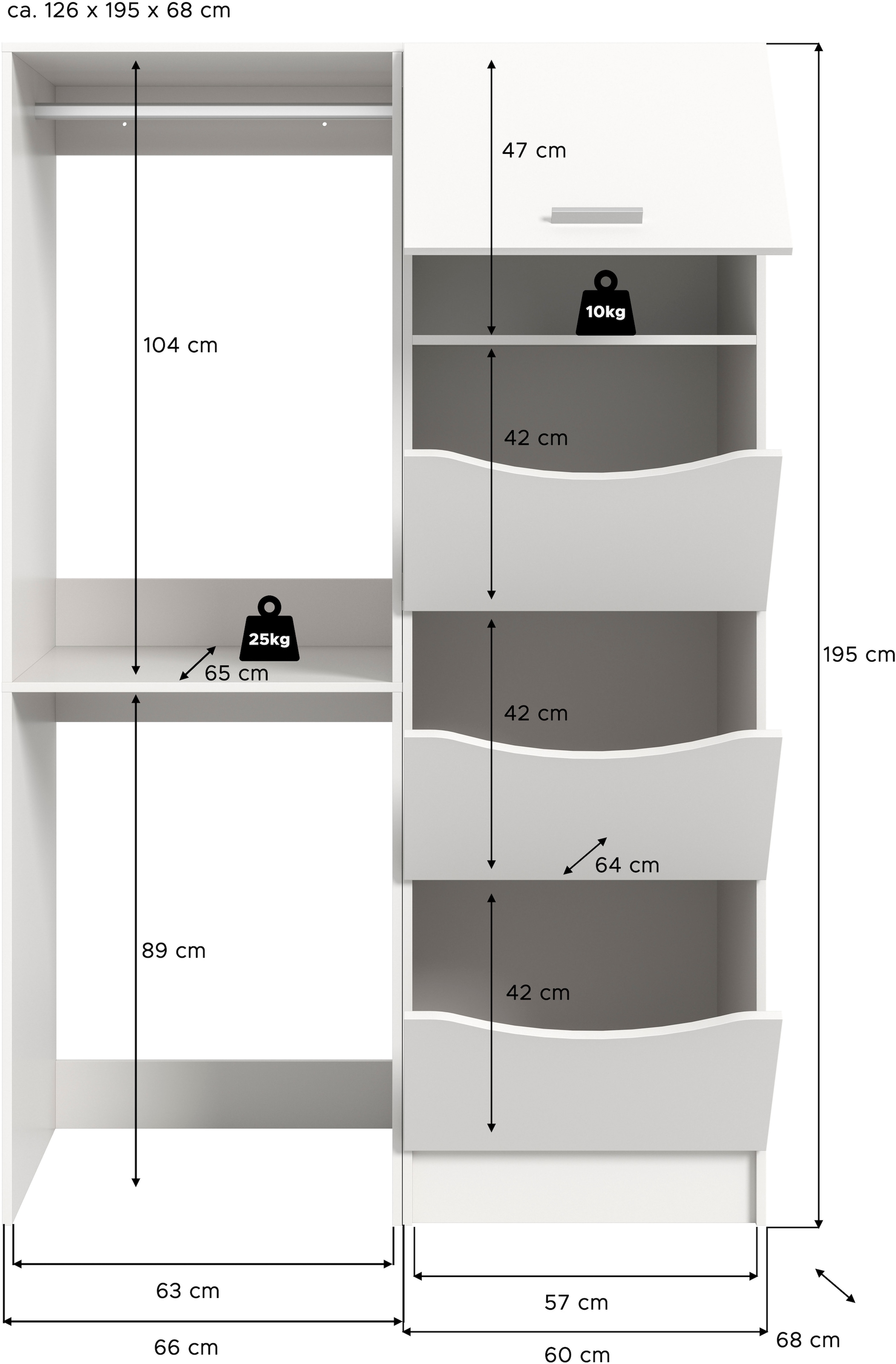 welltime Ensemble de meubles de salle de bain »FALAS, TOPSELLER!, 2-teilig, Hauswirtschaftsraum Set, Breite 126 cm« Set, bestehend aus: 1x Waschmaschinenumbauschrank & 1x Wäscheschrank, 2 cuis tlg.