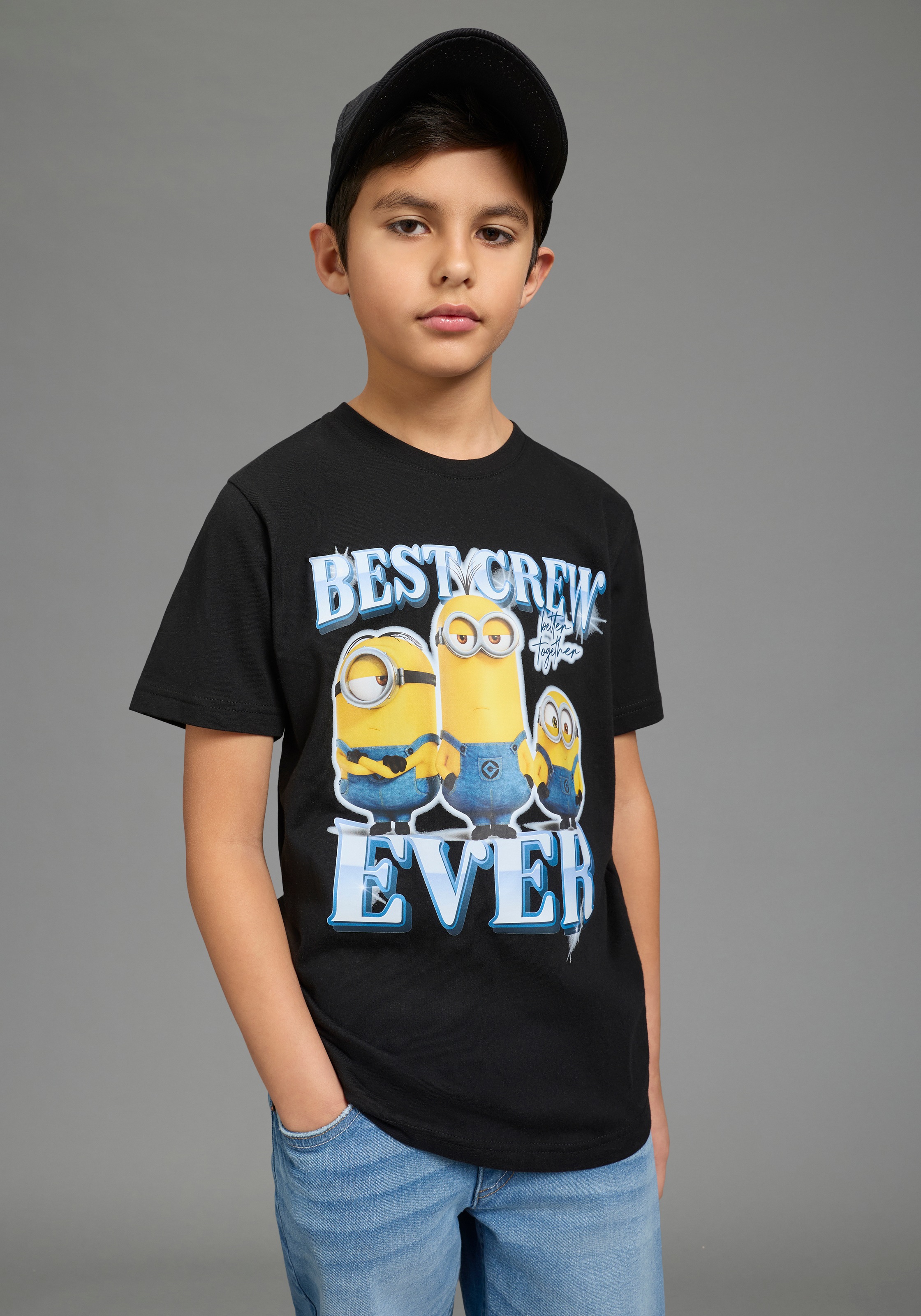 Image of KIDSWORLD T-Shirt "MINIONS Shirt : BEST CREW EVER" Kurzarm, Rundhalsausschnitt, Basic Passform, aus Baumwolle