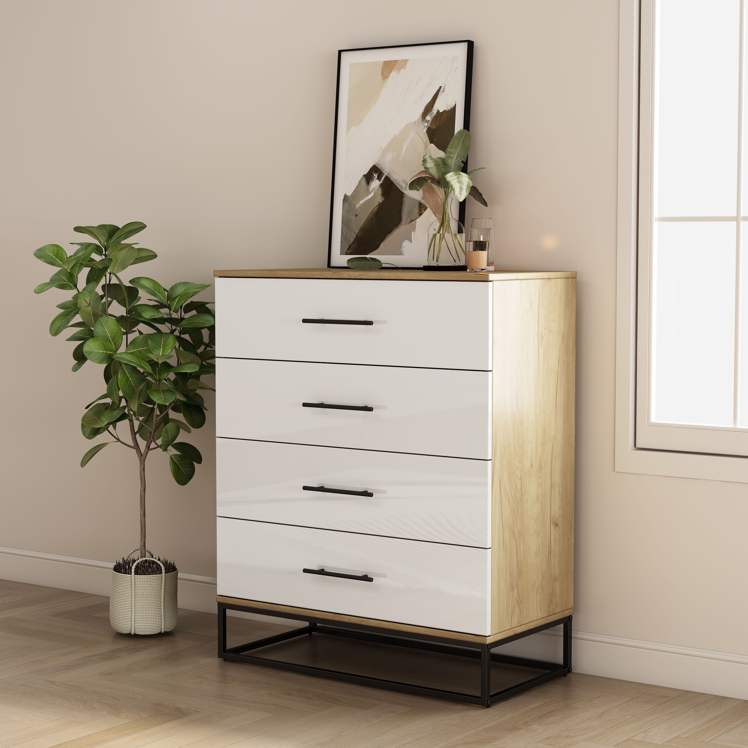 Image of GOODproduct Schubkastenkommode "Lucca Sideboard mit schwarzen Griffen 4 Schubladen Kufengestell" Hochwertige Hochglanzfronten in weiss, Kommode Wäscheschrank im Loft Design mit 4 Schubladen