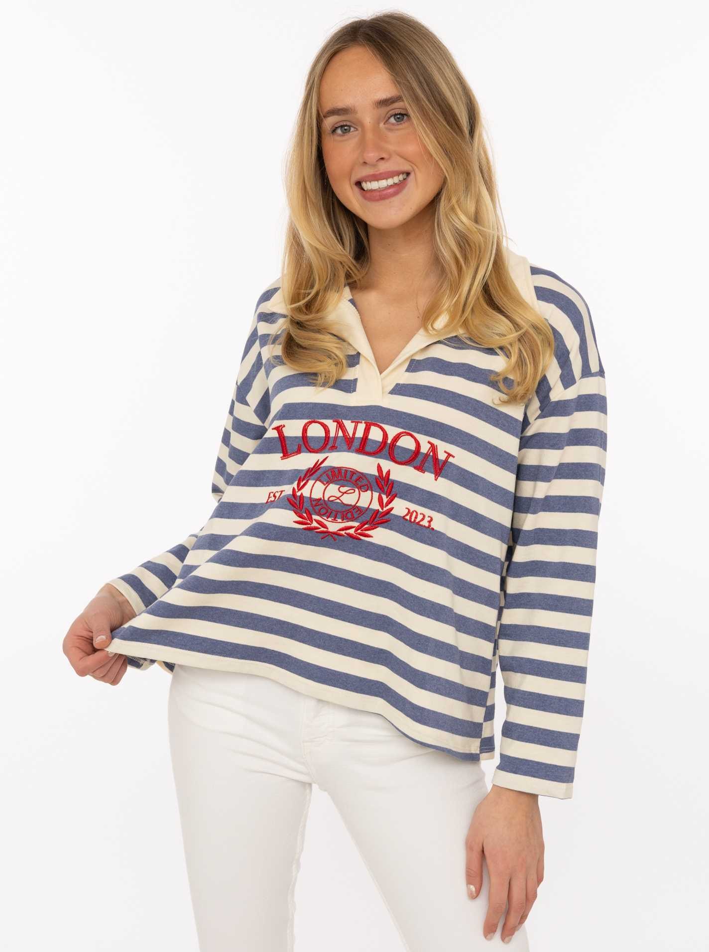 Image of Zwillingsherz Langarmshirt ""London"" gestreift, Polokragen, Aufdruck