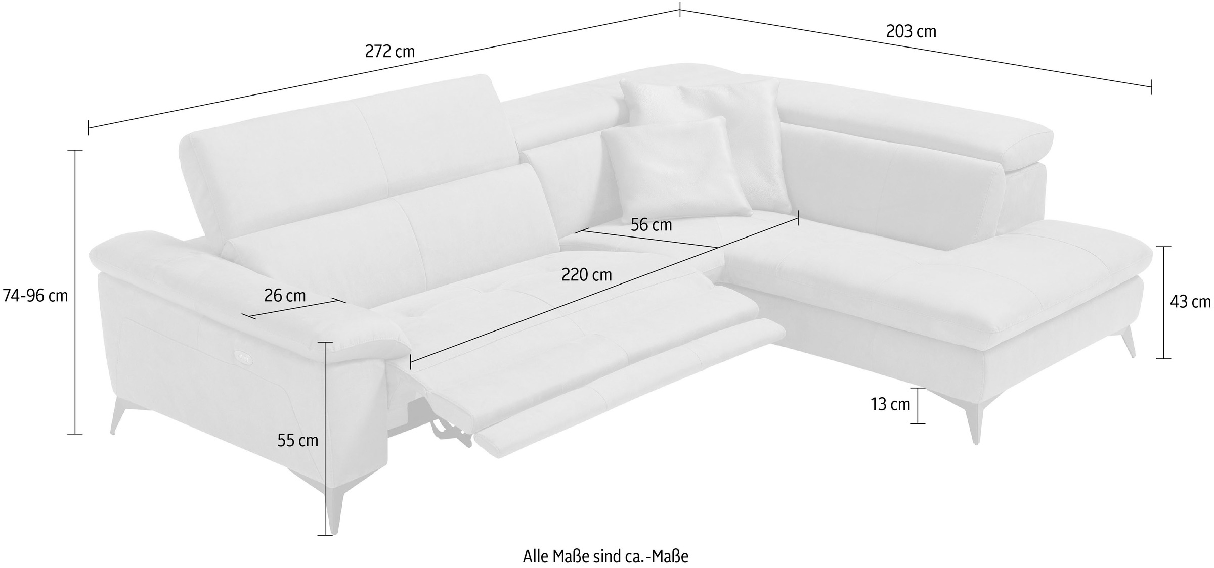 Egoitaliano Canapé d'angle »Martine, Multifunktionssofa mit Komfortfunktionen, edel und bequem« mit Ottomane, elektrischer Relaxfunktion und Kopfteilverstellung