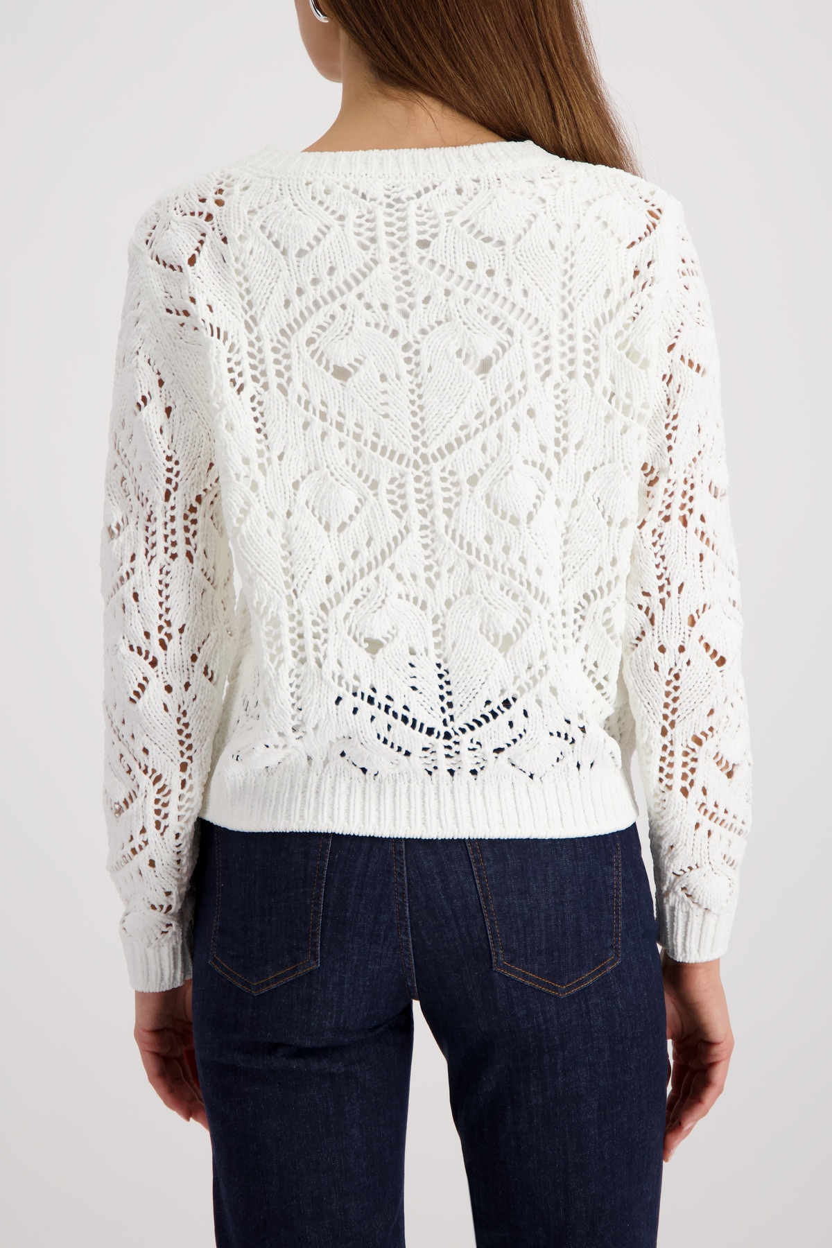 Monari Strickpullover »Ajour« Rundhalsausschnitt, Chenillegarn, Leicht überschnittene Schultern